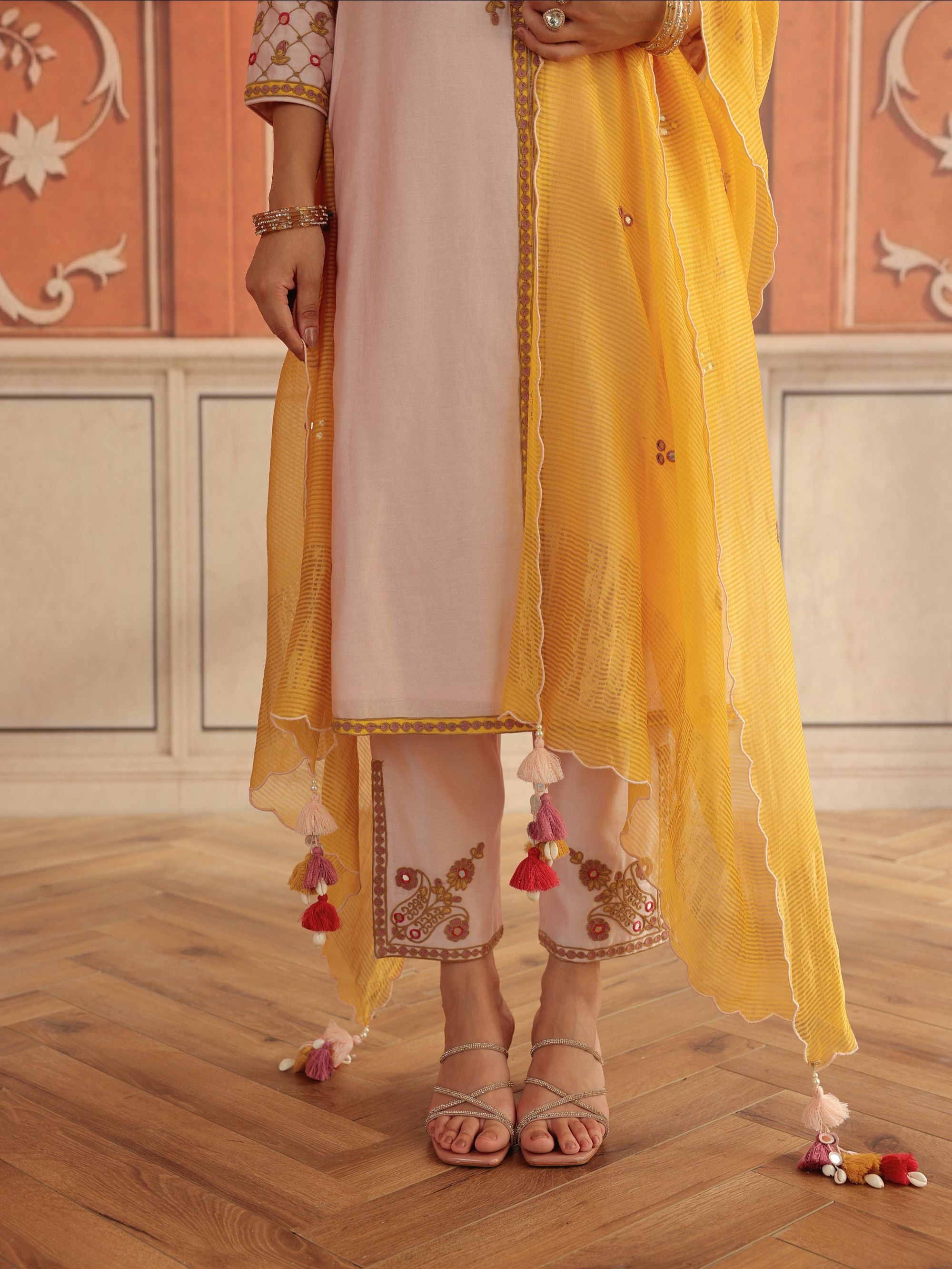 Veera Baby Pink Mirror Work Silk Chanderi Handcrafted Kurta Set