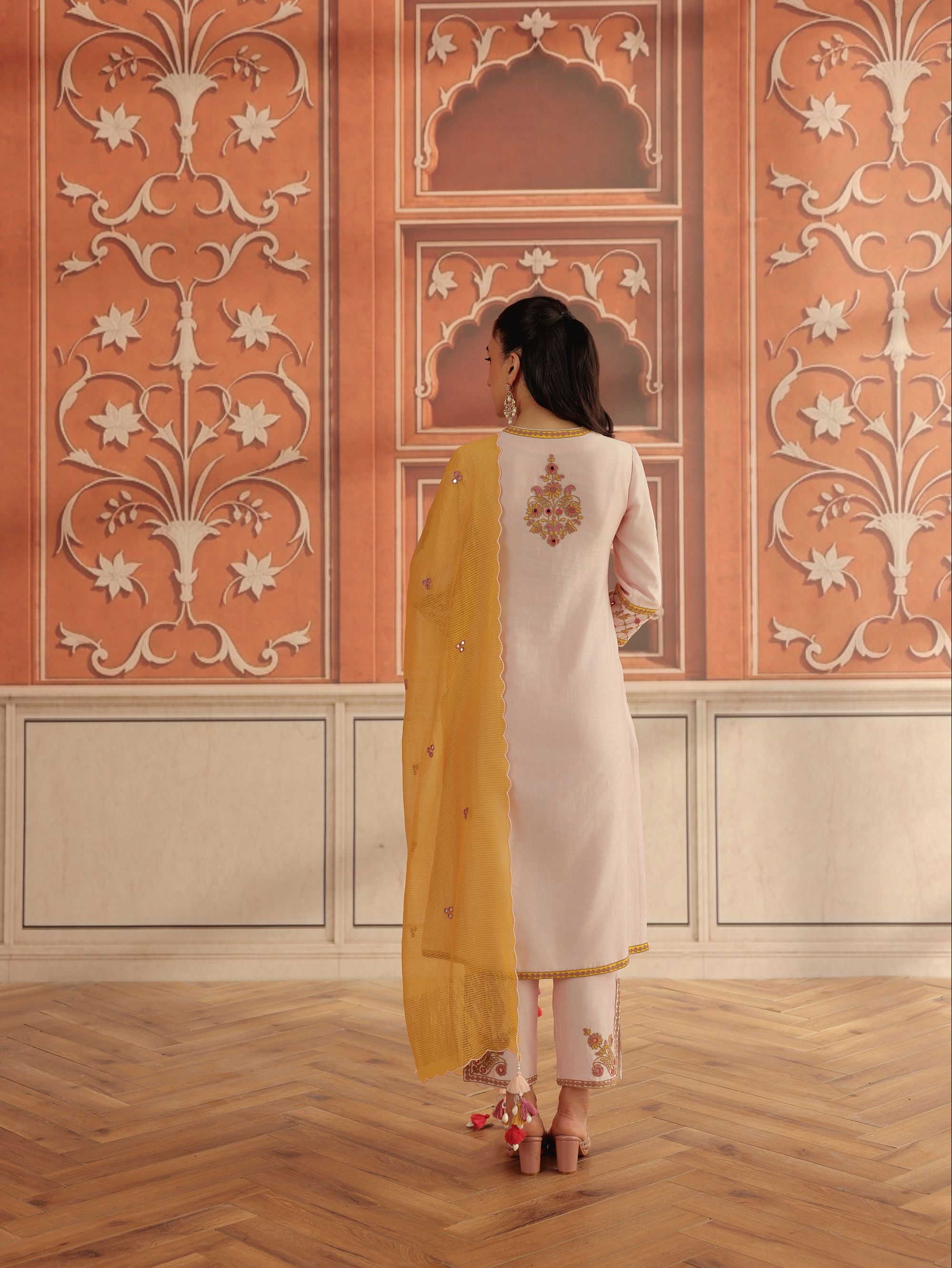 Veera Baby Pink Mirror Work Silk Chanderi Handcrafted Kurta Set