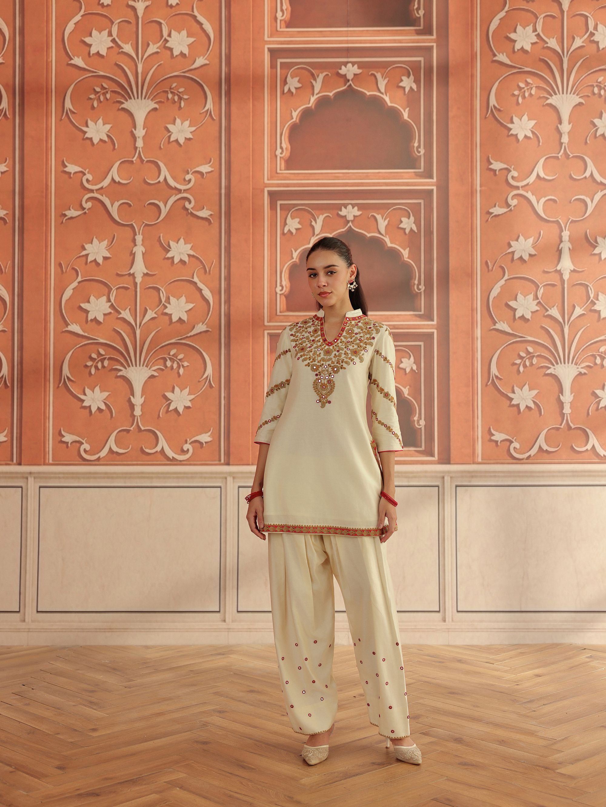 Rasa Ivory Mirror Work Handcrafted Silk Chanderi Short Kurta Set with Farshi Salwar