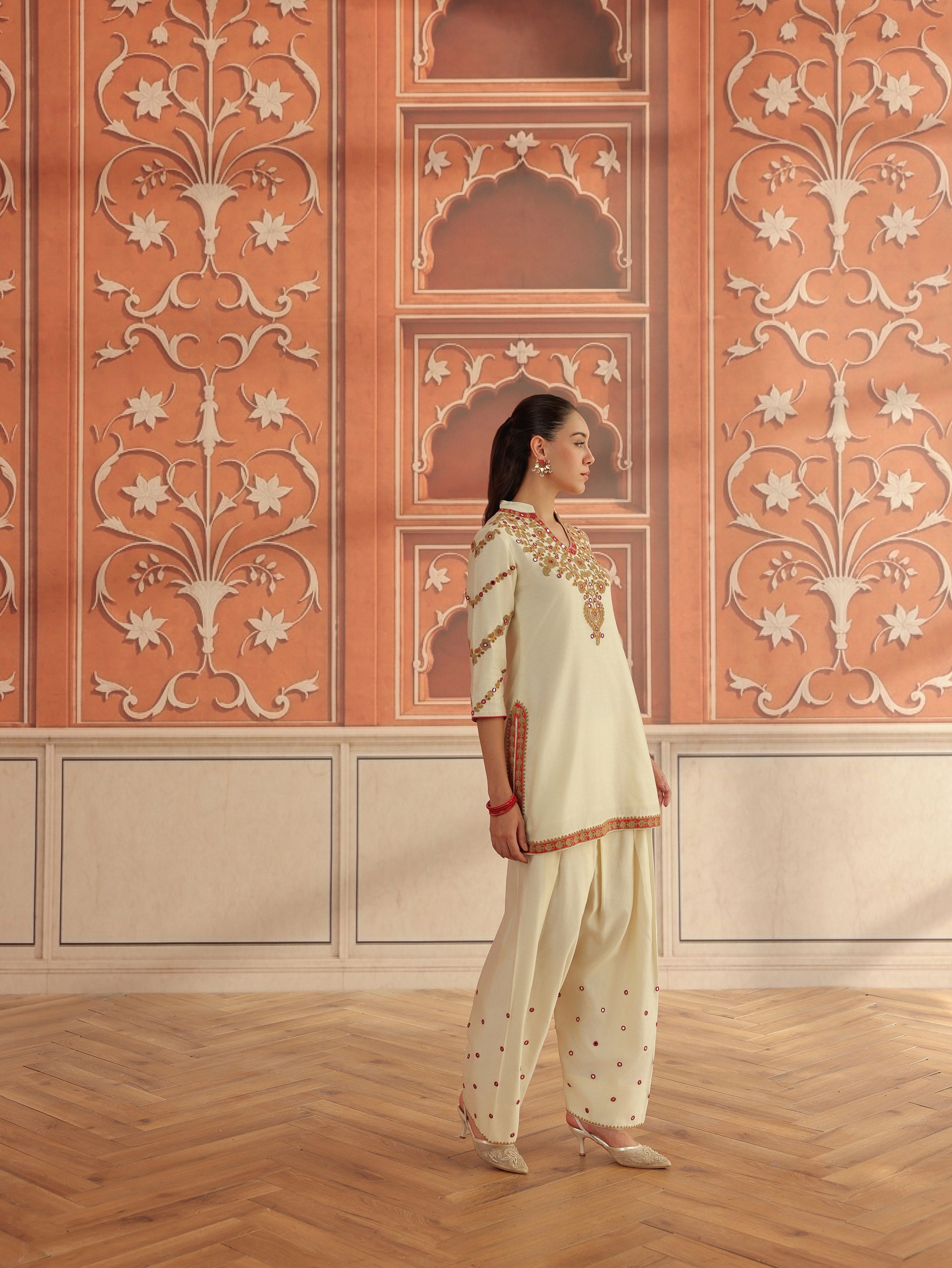 Rasa Ivory Mirror Work Handcrafted Silk Chanderi Short Kurta Set with Farshi Salwar