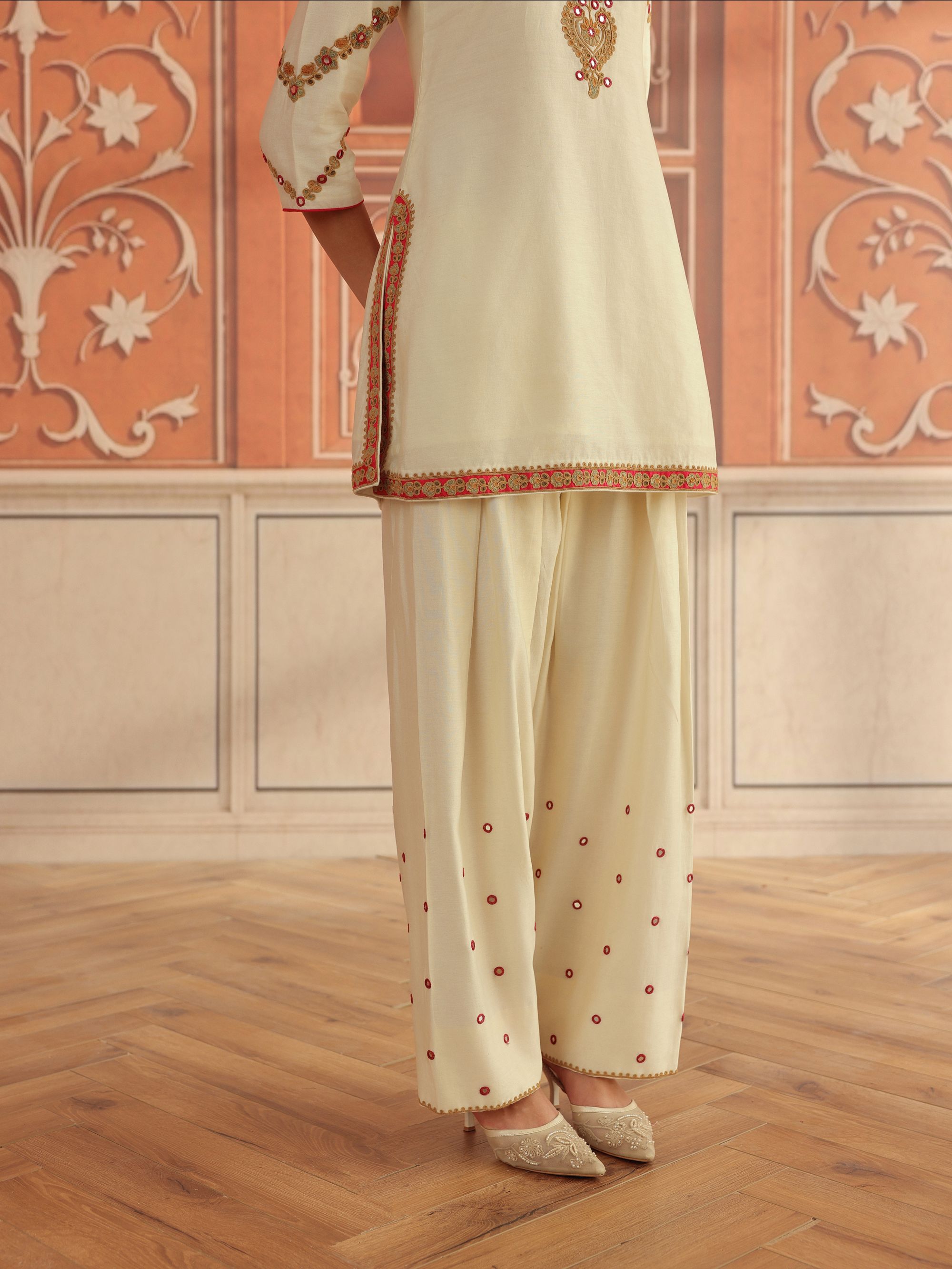 Rasa Ivory Mirror Work Handcrafted Silk Chanderi Short Kurta Set with Farshi Salwar