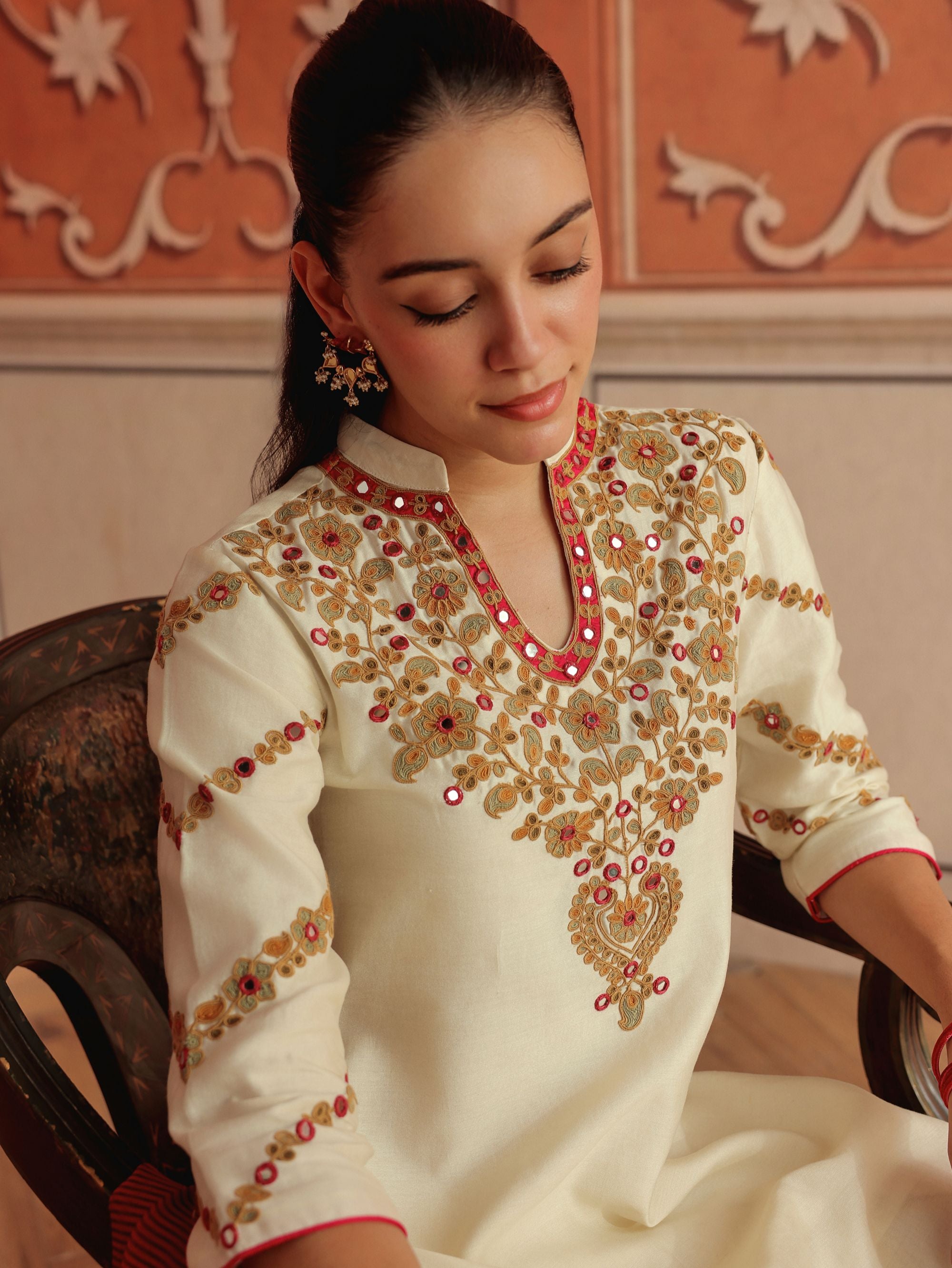 Rasa Ivory Mirror Work Handcrafted Silk Chanderi Short Kurta Set with Farshi Salwar