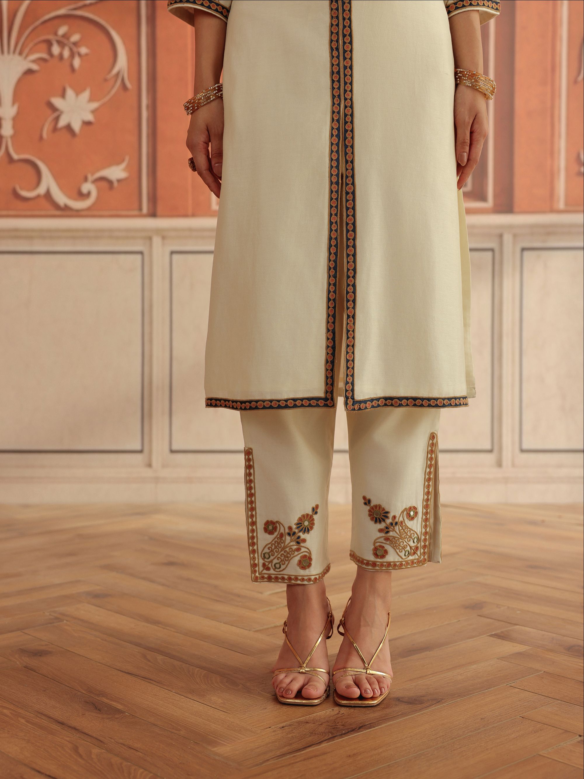 Veera Ivory Mirror Work Silk Chanderi Handcrafted Kurta Set