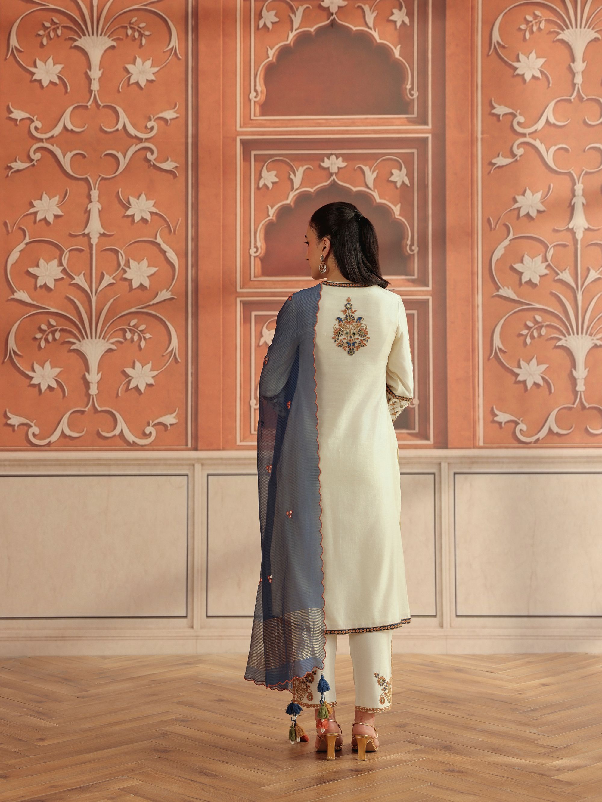 Veera Ivory Mirror Work Silk Chanderi Handcrafted Kurta Set
