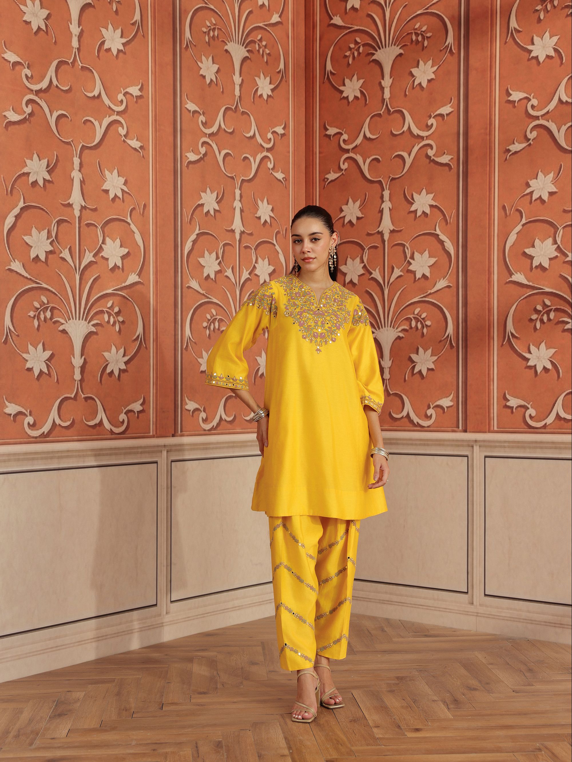 Mirae Yellow Mirror Work Silk Chanderi Handcrafted Choga Set