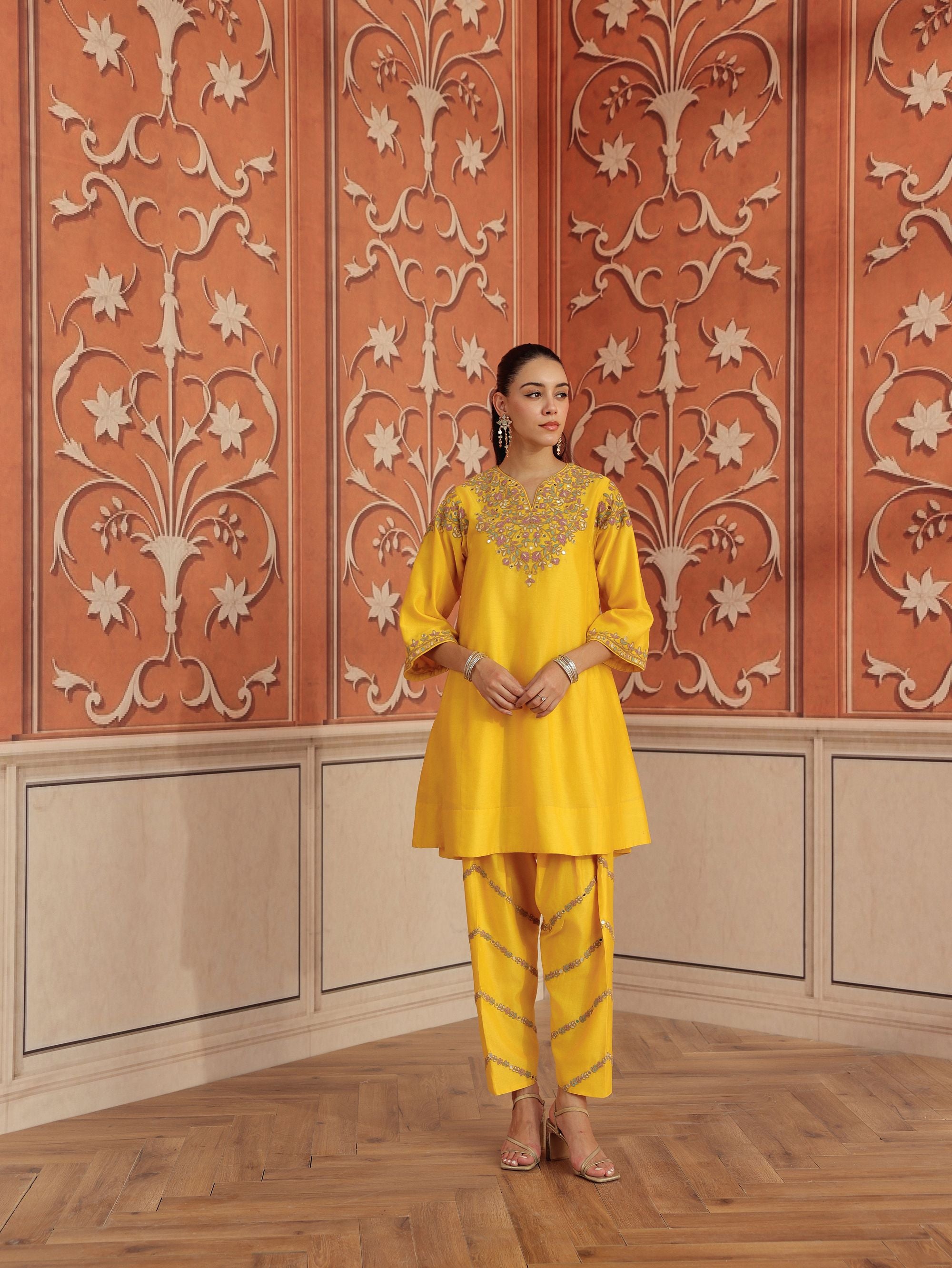 Mirae Yellow Mirror Work Silk Chanderi Handcrafted Choga Set