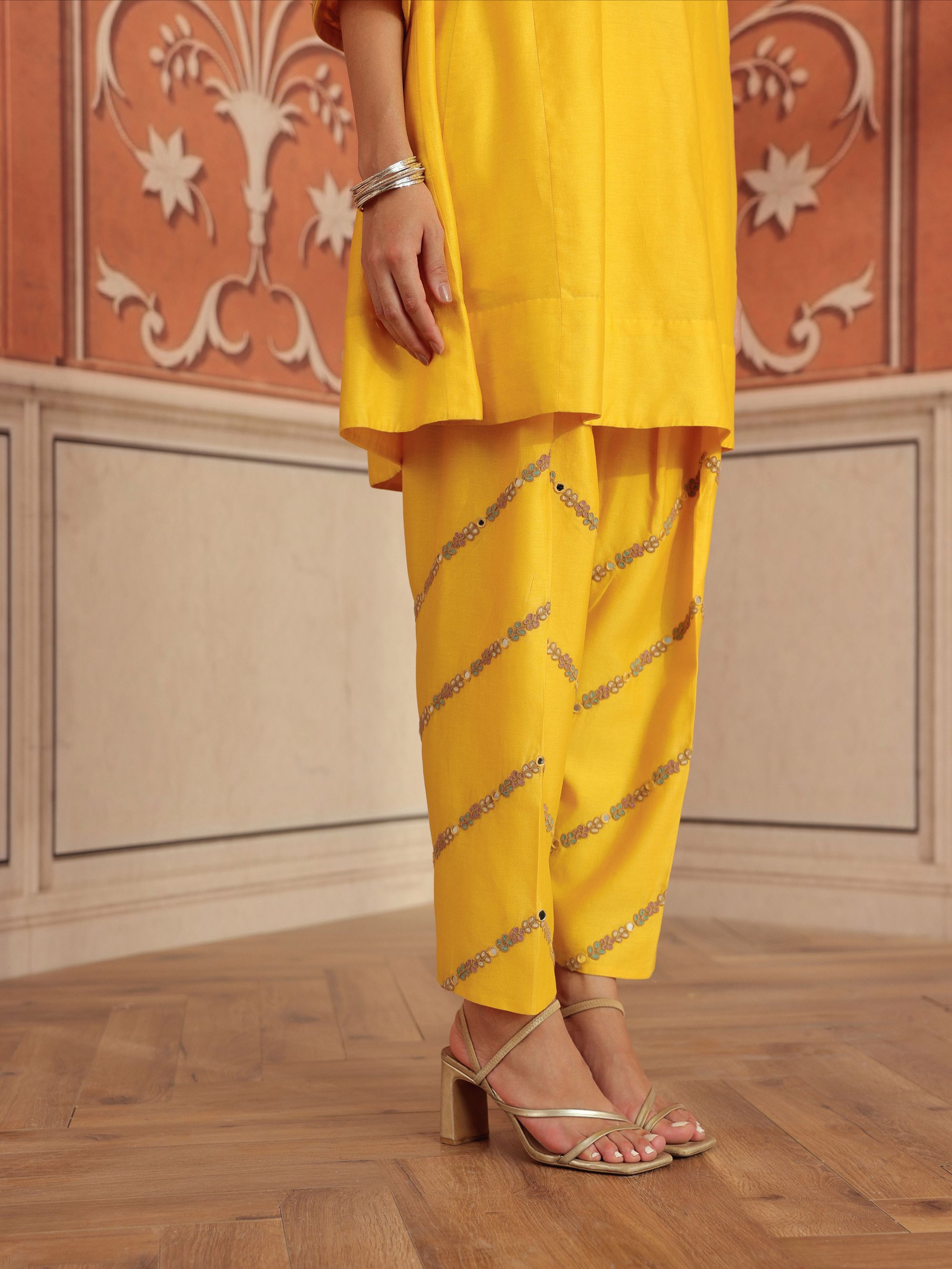 Mirae Yellow Mirror Work Silk Chanderi Handcrafted Choga Set