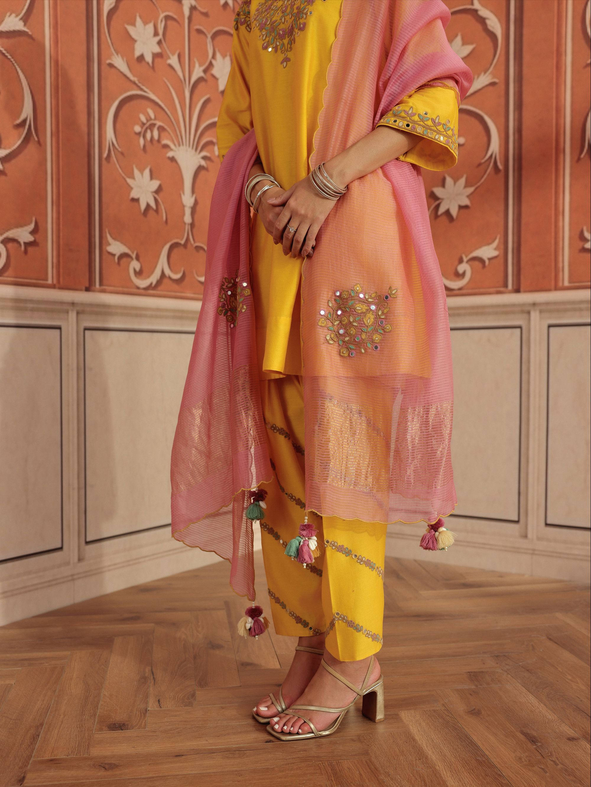 Mirae Yellow Mirror Work Silk Chanderi Handcrafted Choga Set