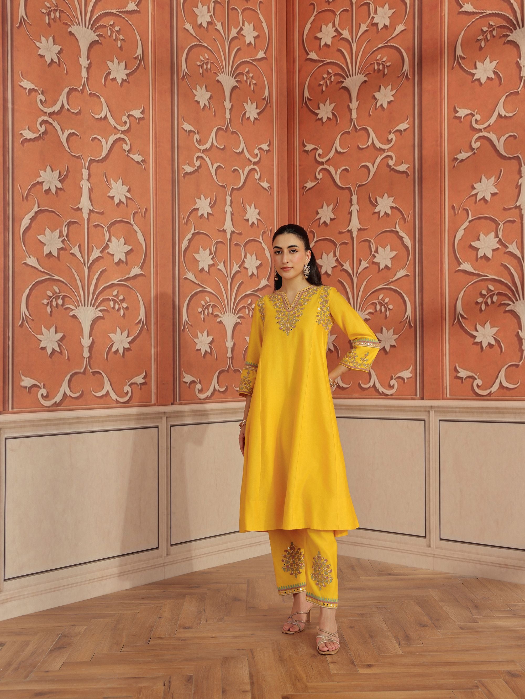Lehar Yellow Mirror Work Silk Chanderi Handcrafted Kurta Set