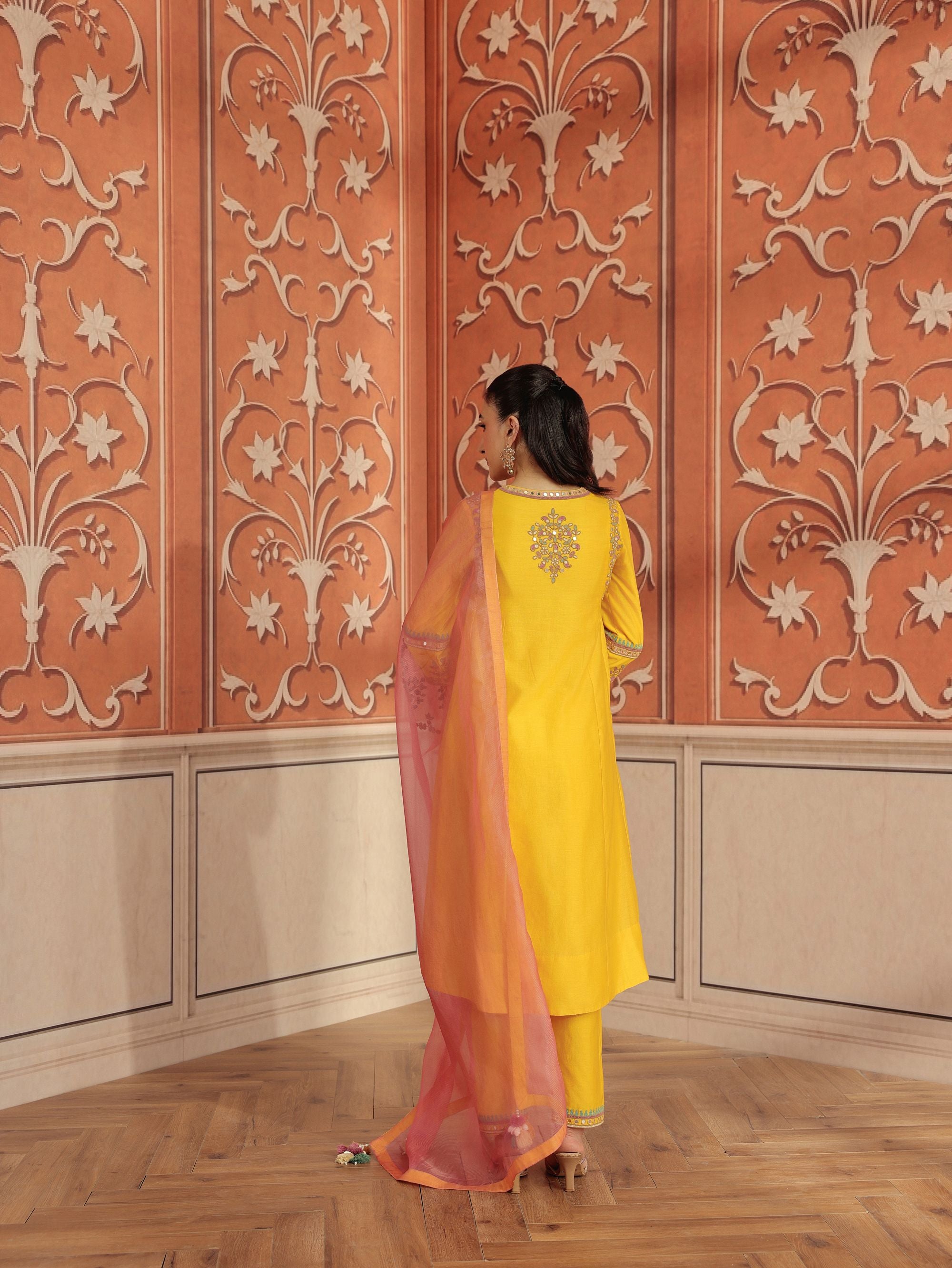 Lehar Yellow Mirror Work Silk Chanderi Handcrafted Kurta Set