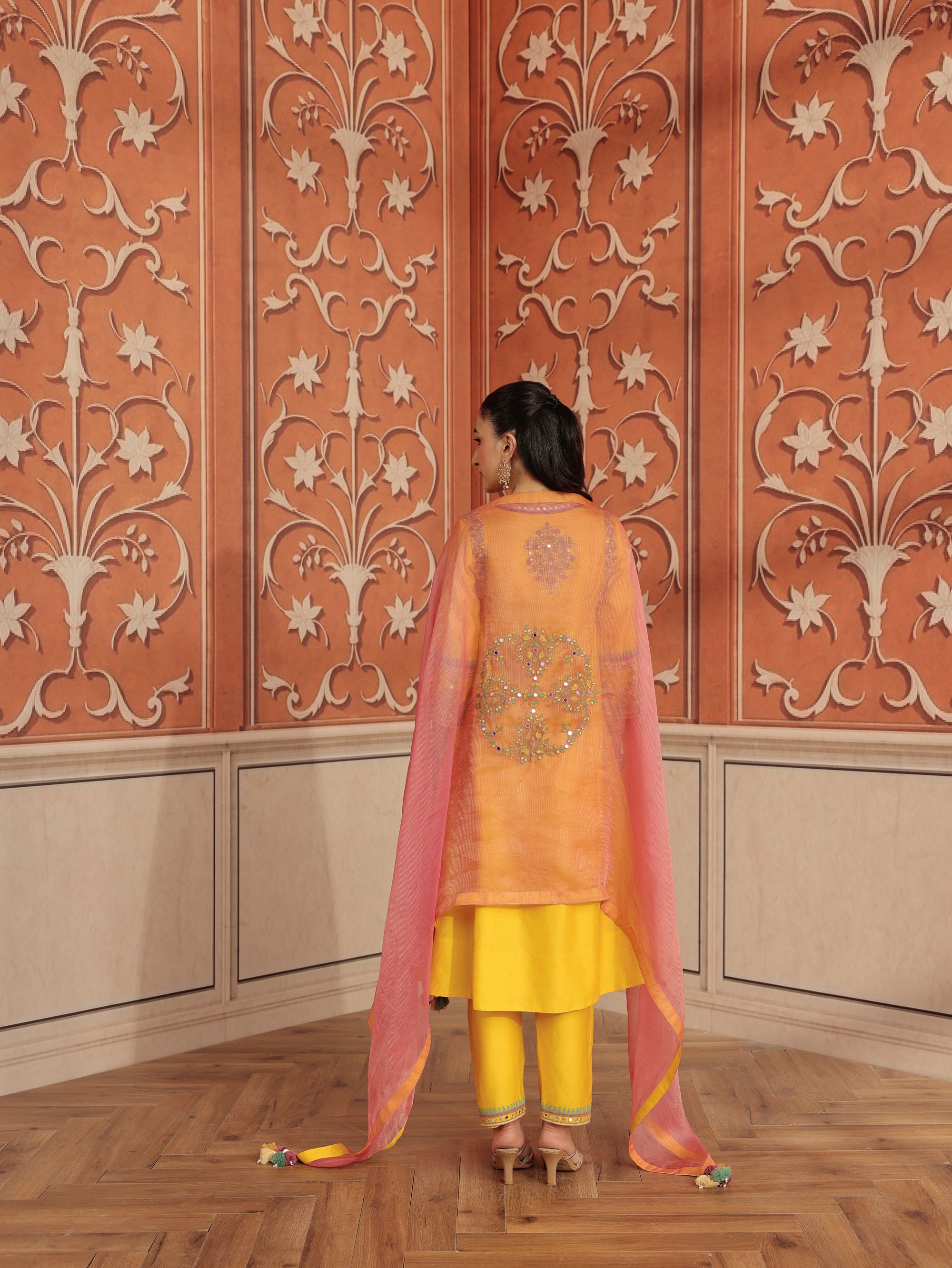 Lehar Yellow Mirror Work Silk Chanderi Handcrafted Kurta Set