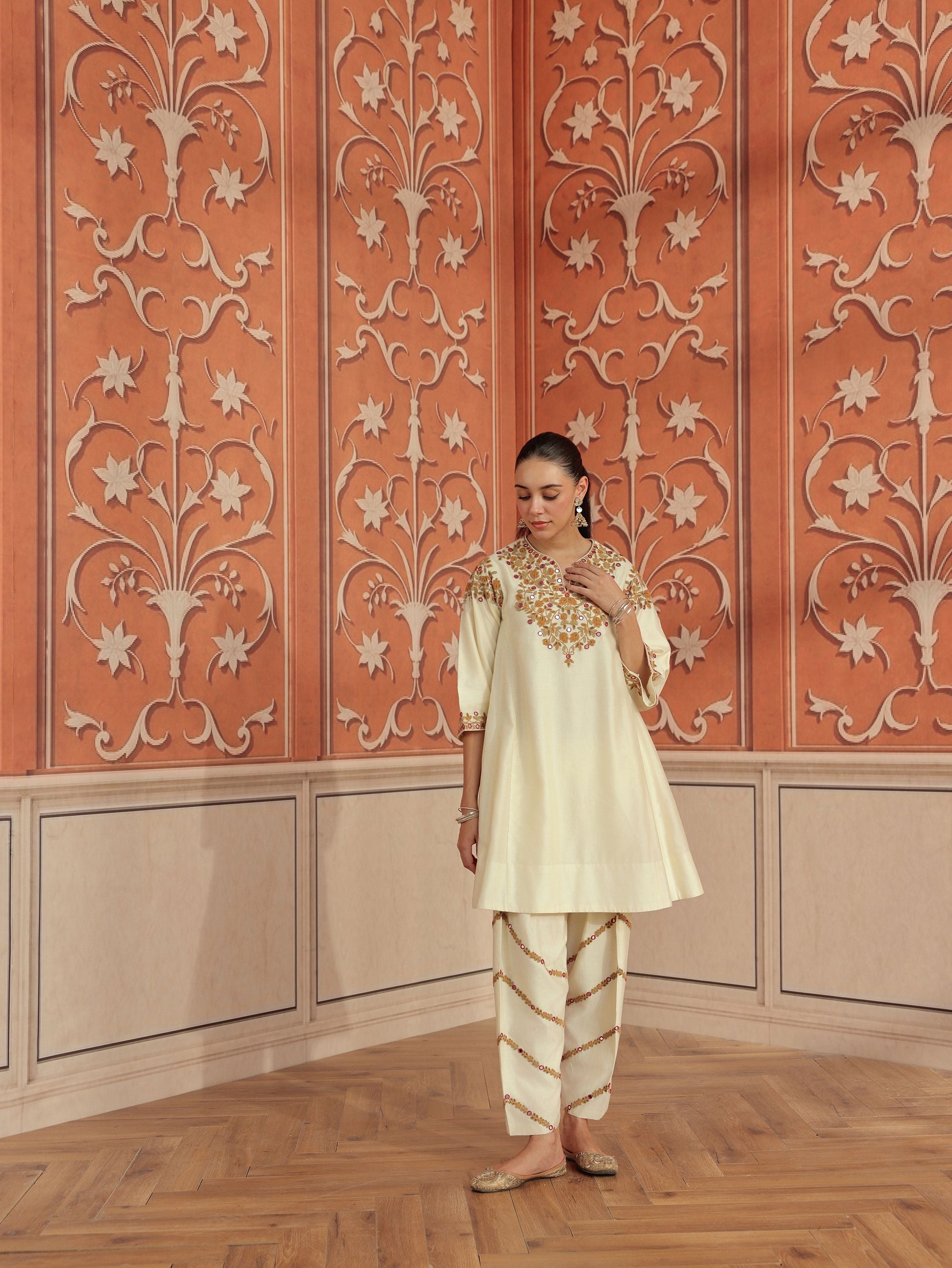 Mirae Ivory Mirror Work Silk Chanderi Handcrafted Choga Set