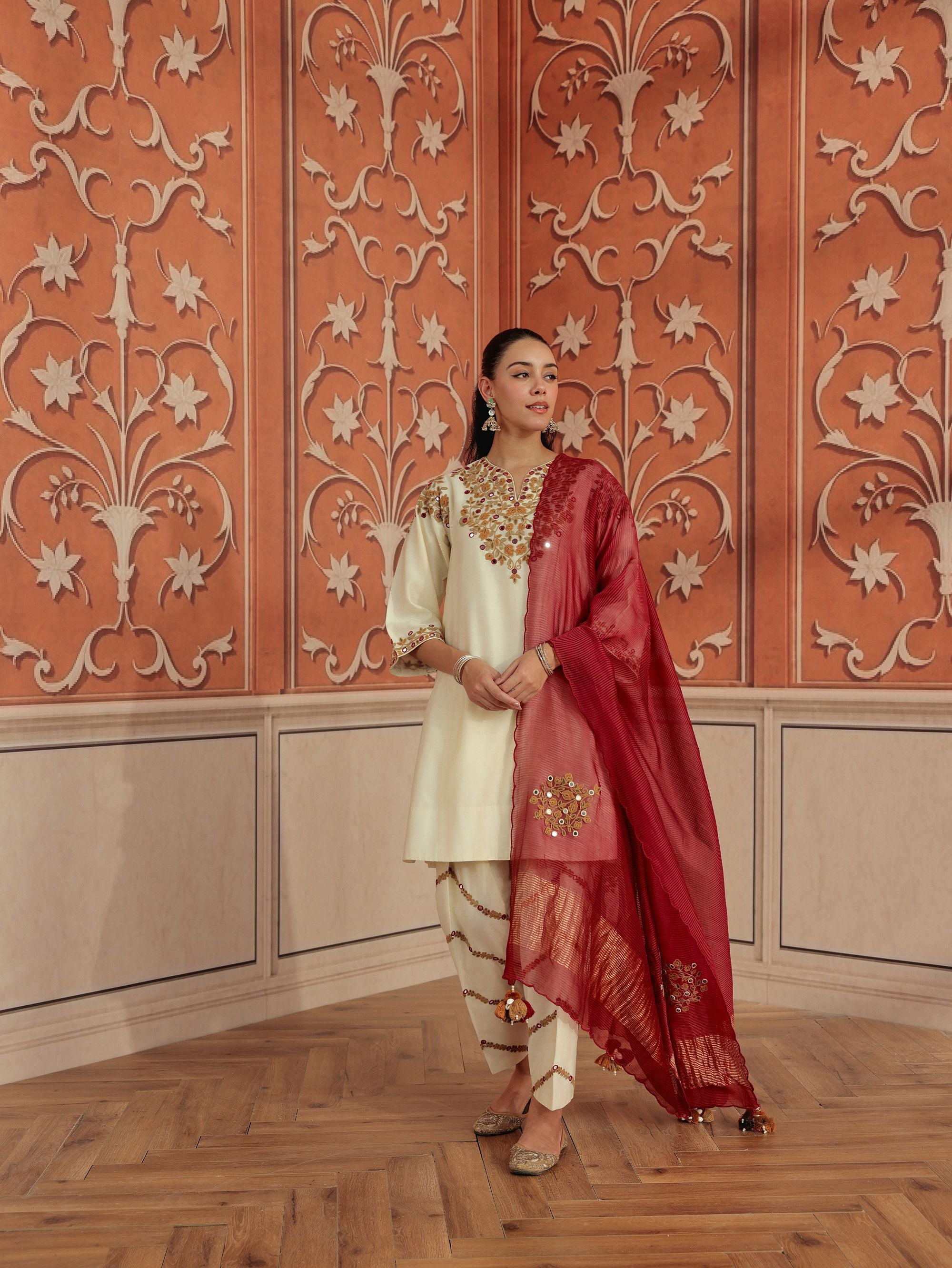 Mirae Ivory Mirror Work Silk Chanderi Handcrafted Choga Set