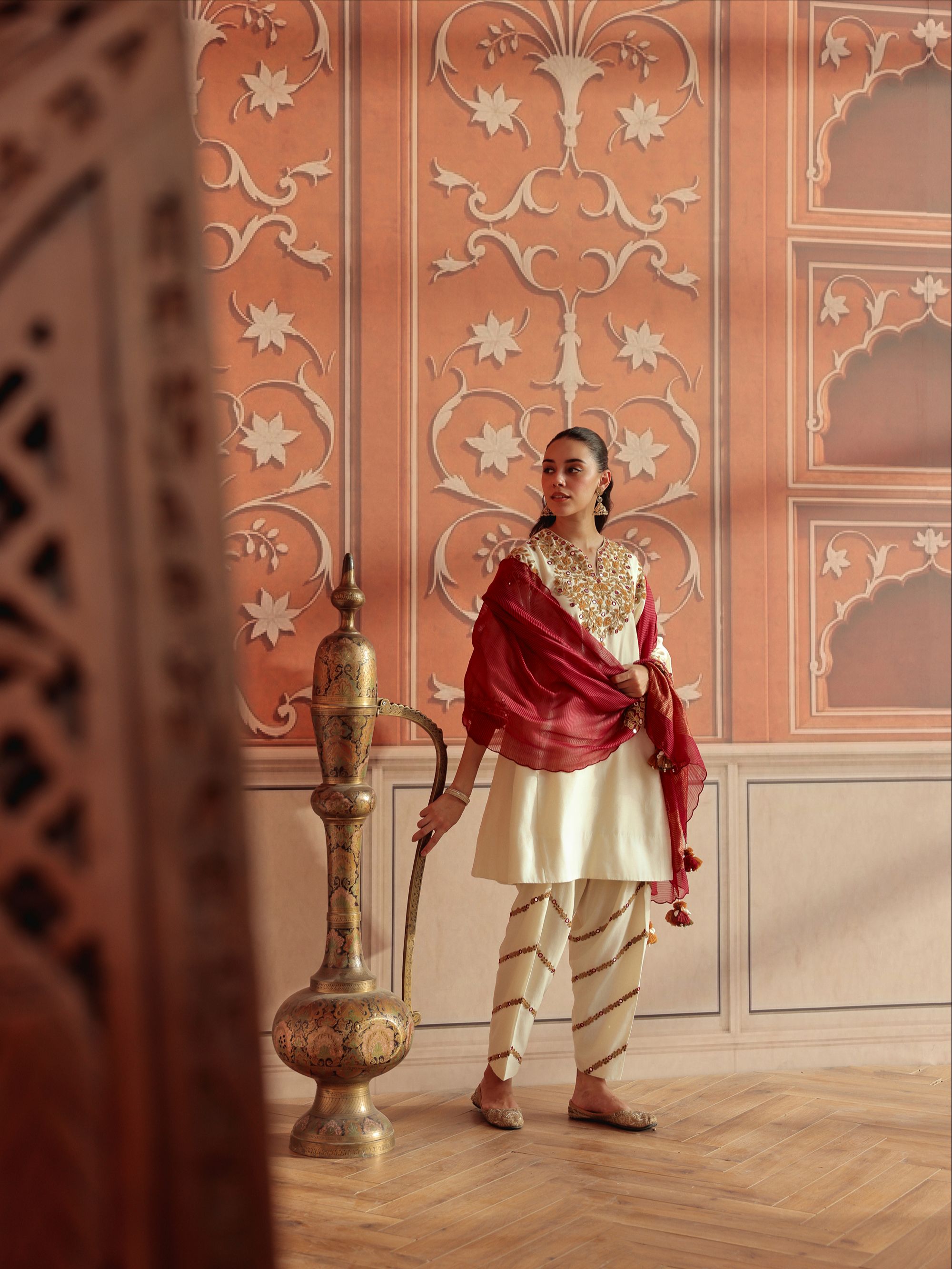Mirae Ivory Mirror Work Silk Chanderi Handcrafted Choga Set