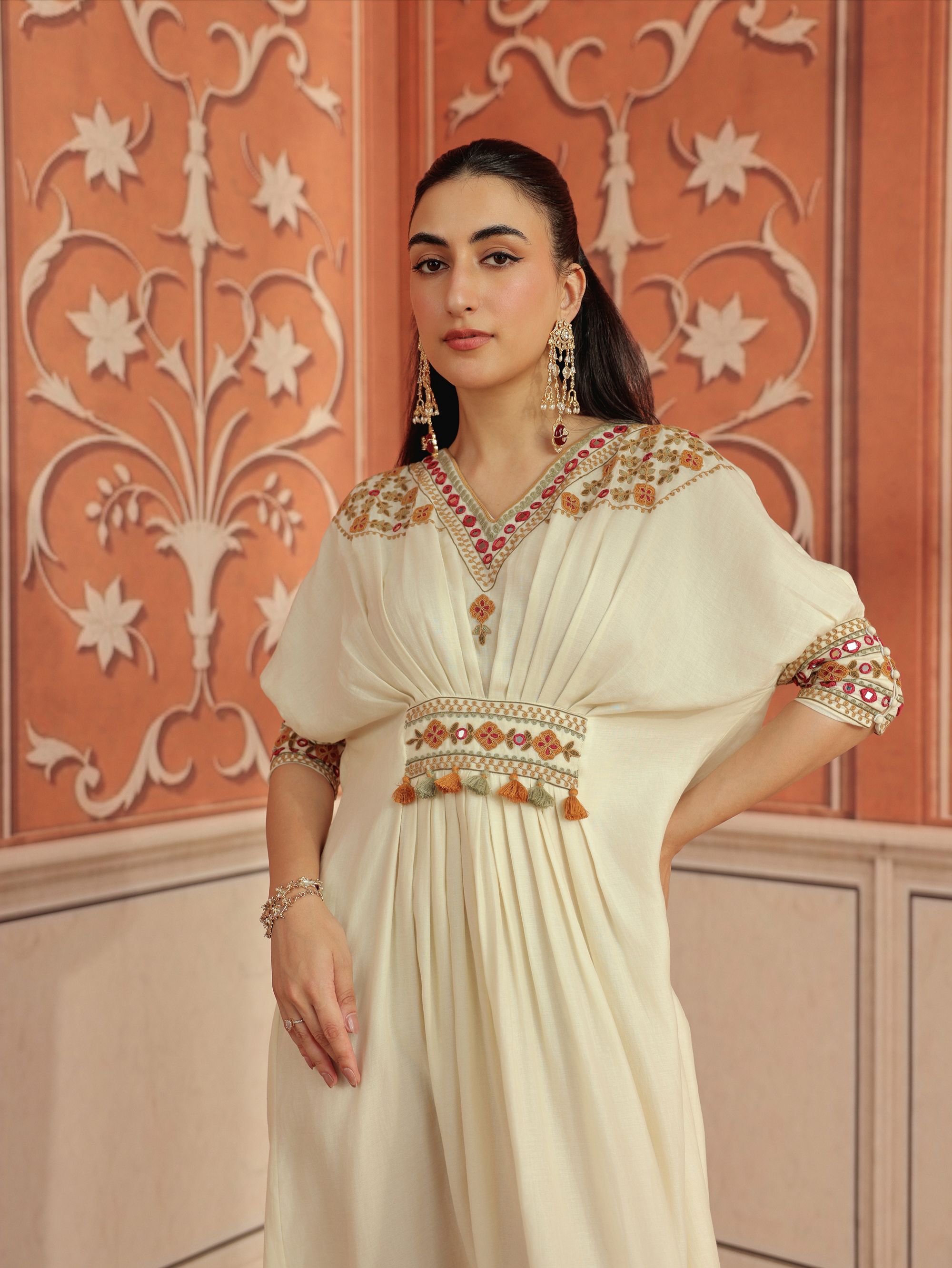 Ruvina Ivory Mirror Work Mul Chanderi Handcrafted Kaftan