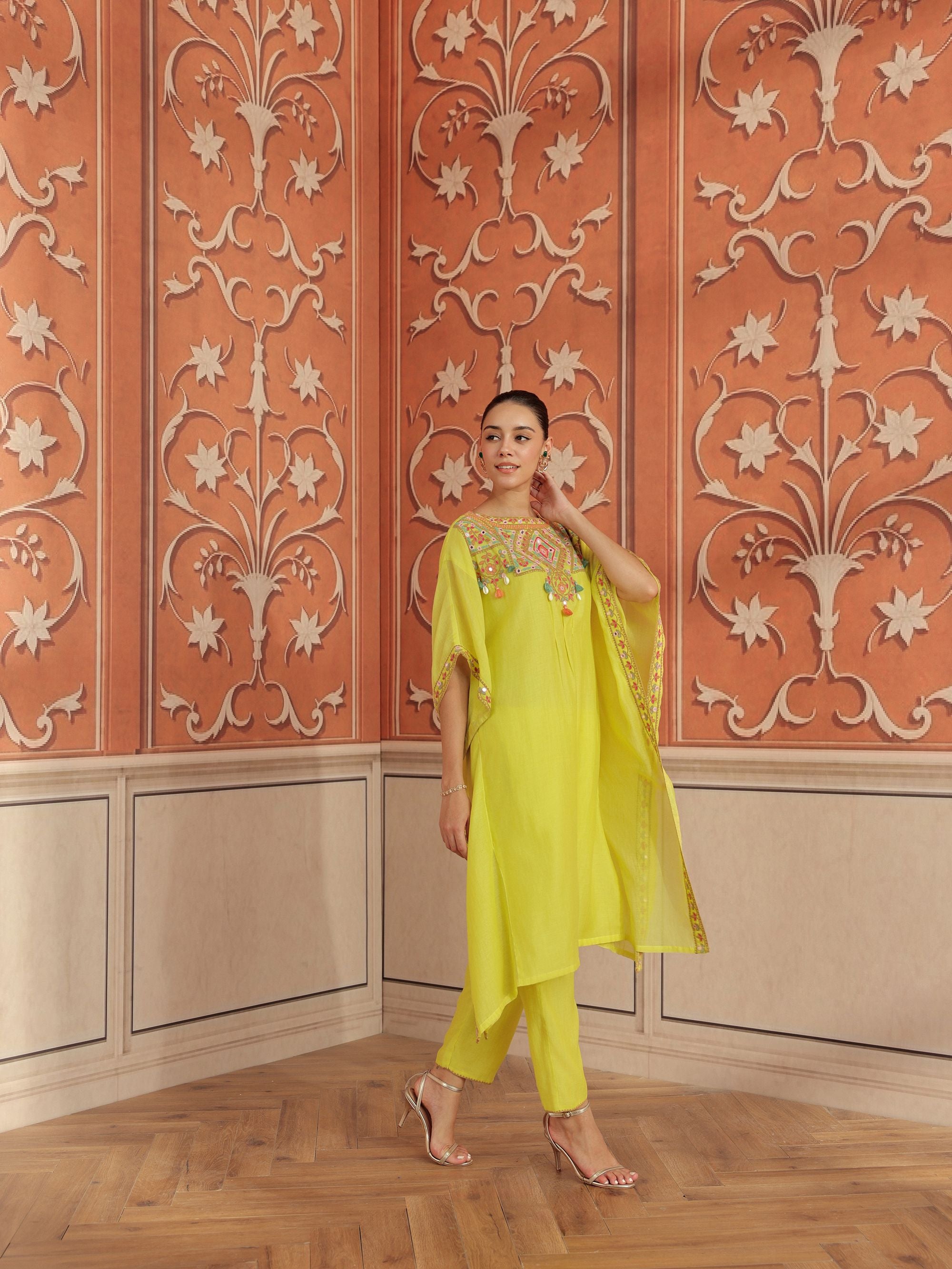 Maheen Lime Mirror Work Mul Chanderi Handcrafted Kaftan Set