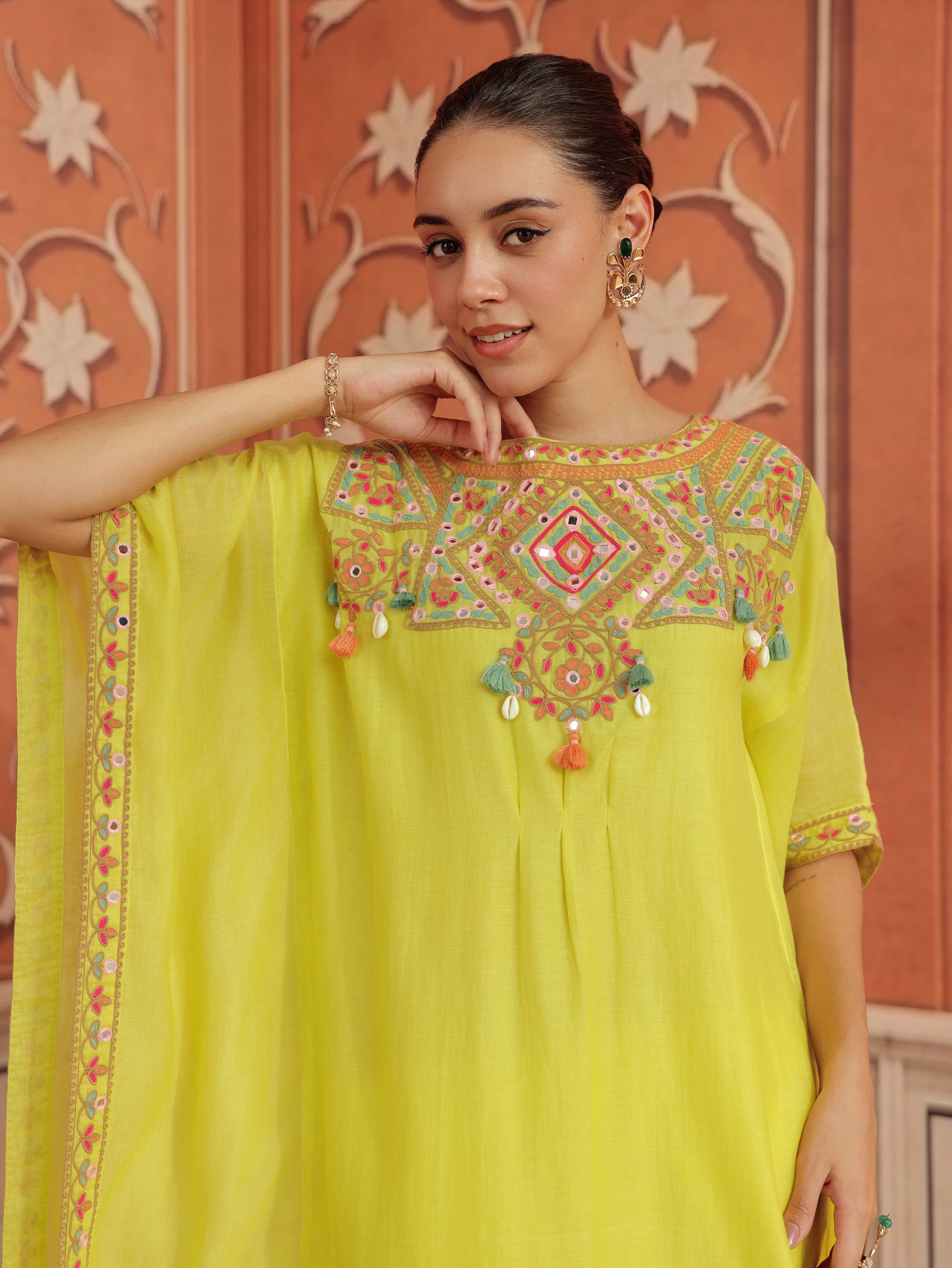 Maheen Lime Mirror Work Mul Chanderi Handcrafted Kaftan Set