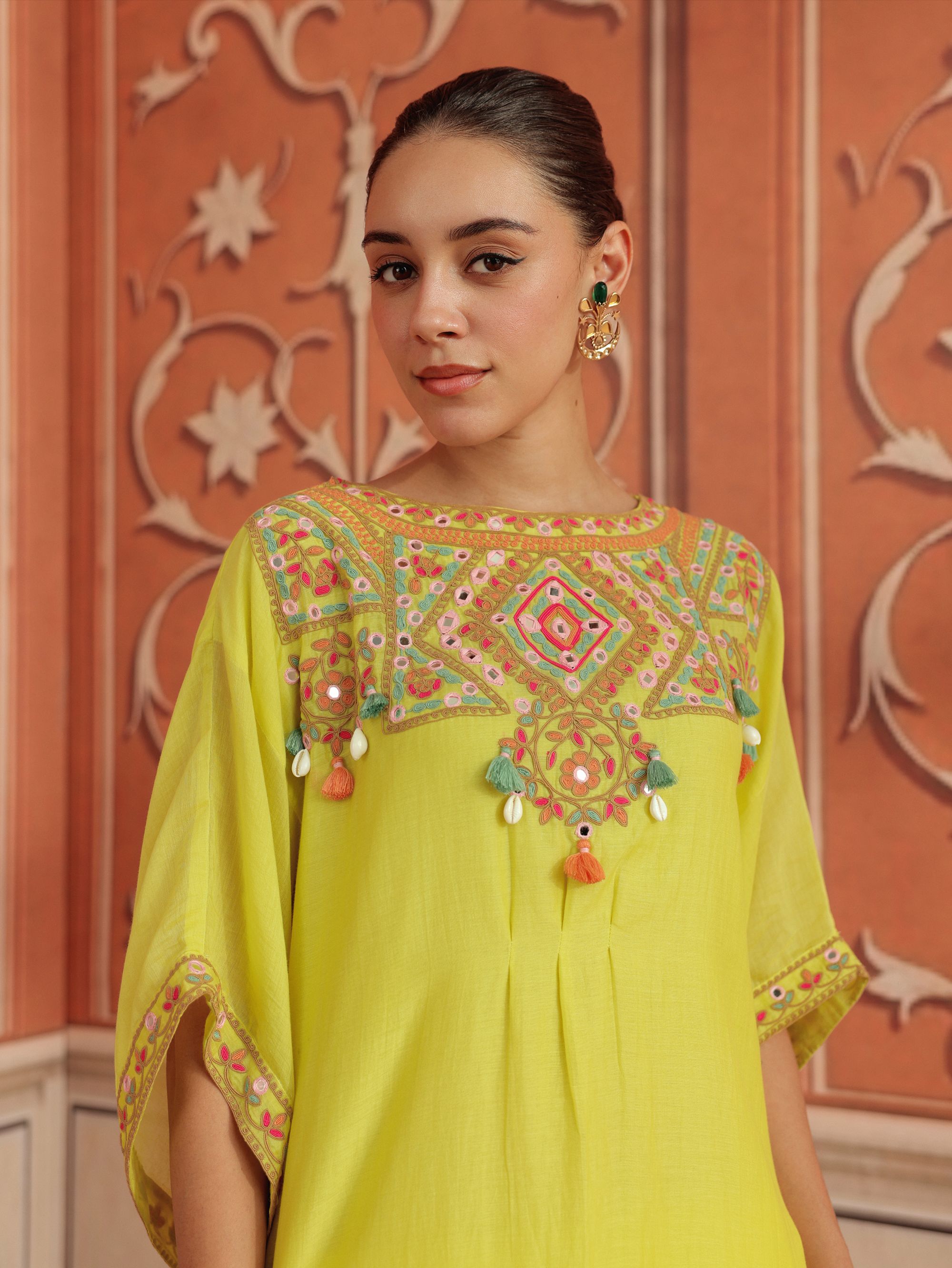Maheen Lime Mirror Work Mul Chanderi Handcrafted Kaftan Set
