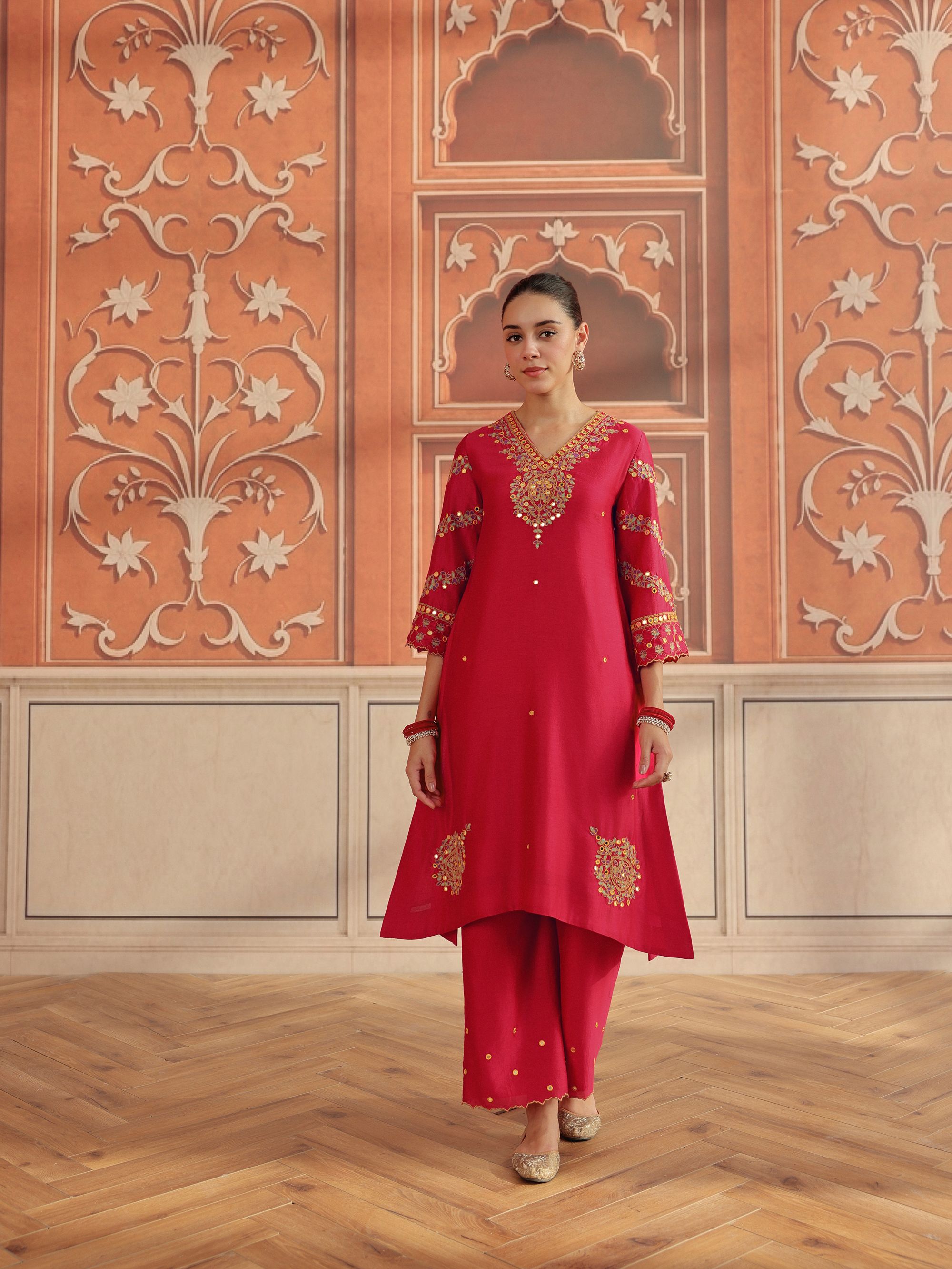 Avin Ruby Pink Mirror Work Silk Chanderi Handcrafted Kurta Set