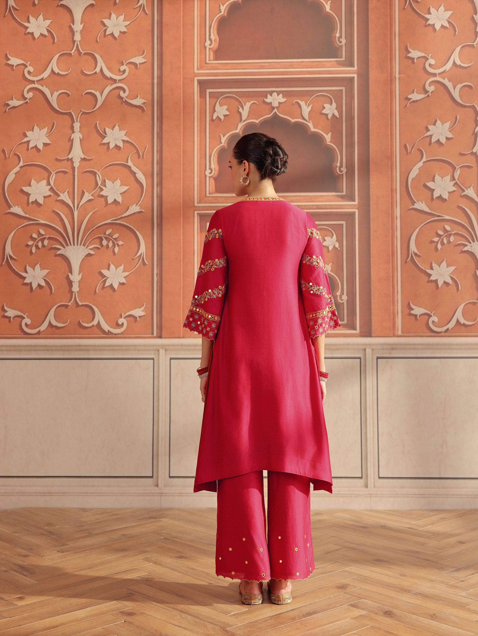 Avin Ruby Pink Mirror Work Silk Chanderi Handcrafted Kurta Set