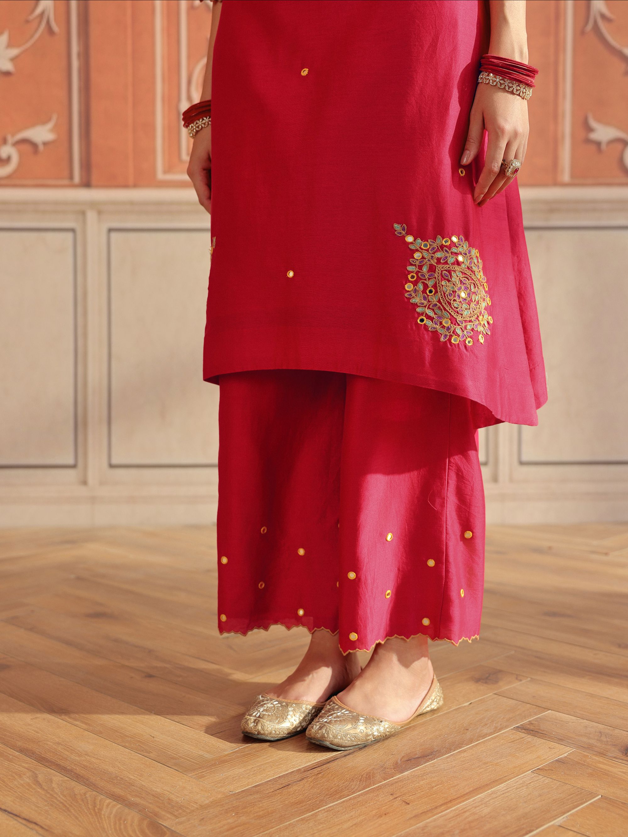Avin Ruby Pink Mirror Work Silk Chanderi Handcrafted Kurta Set