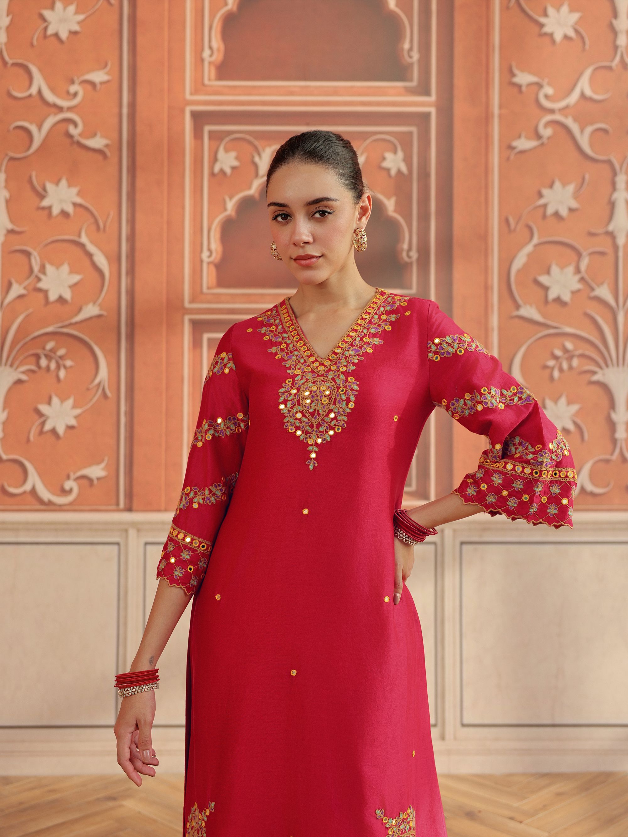 Avin Ruby Pink Mirror Work Silk Chanderi Handcrafted Kurta Set