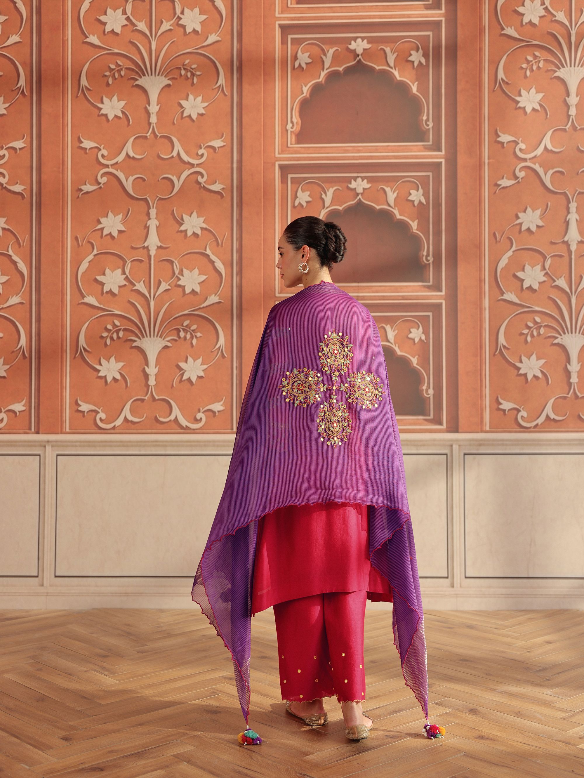 Avin Ruby Pink Mirror Work Silk Chanderi Handcrafted Kurta Set