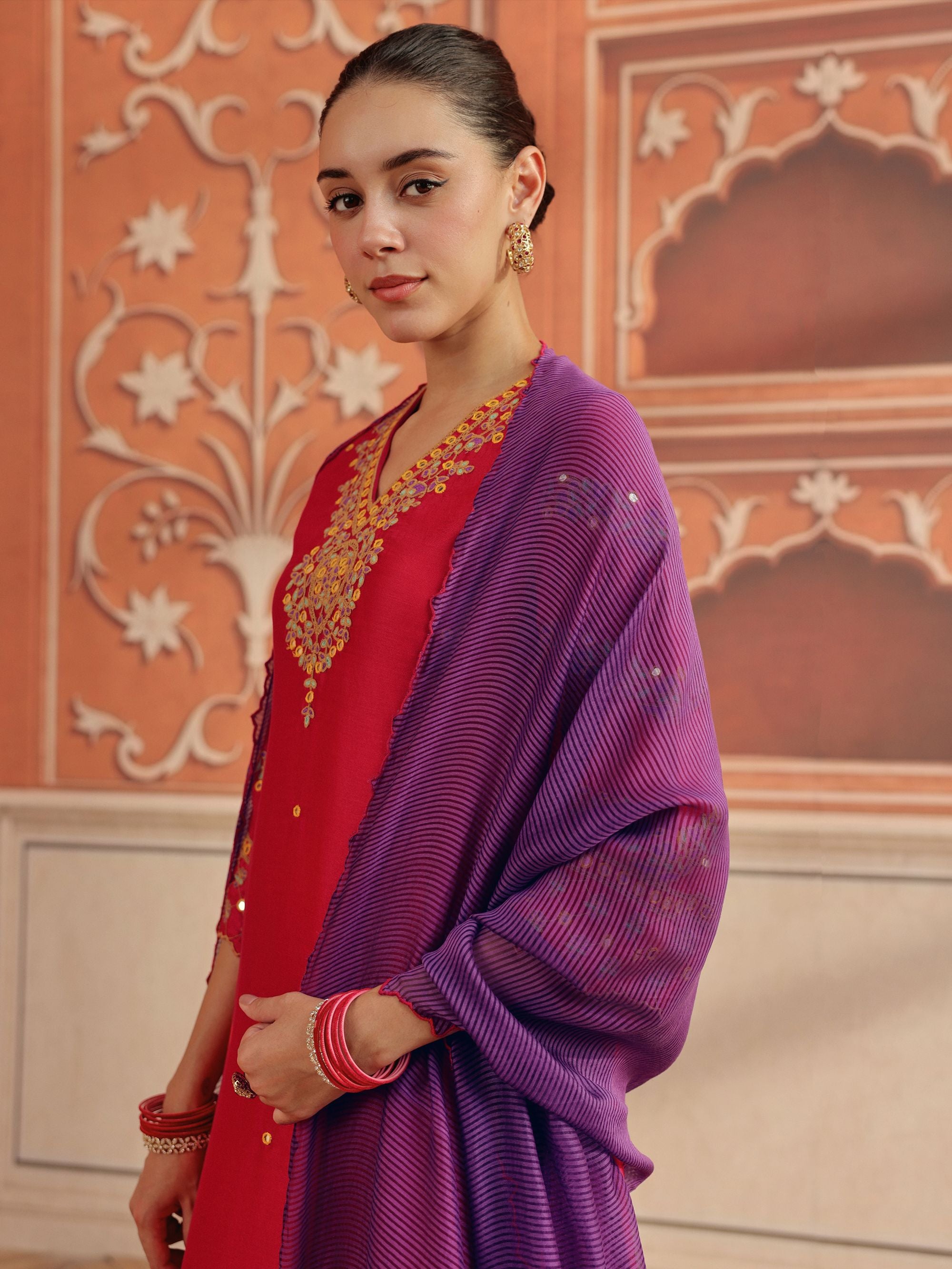 Avin Ruby Pink Mirror Work Silk Chanderi Handcrafted Kurta Set