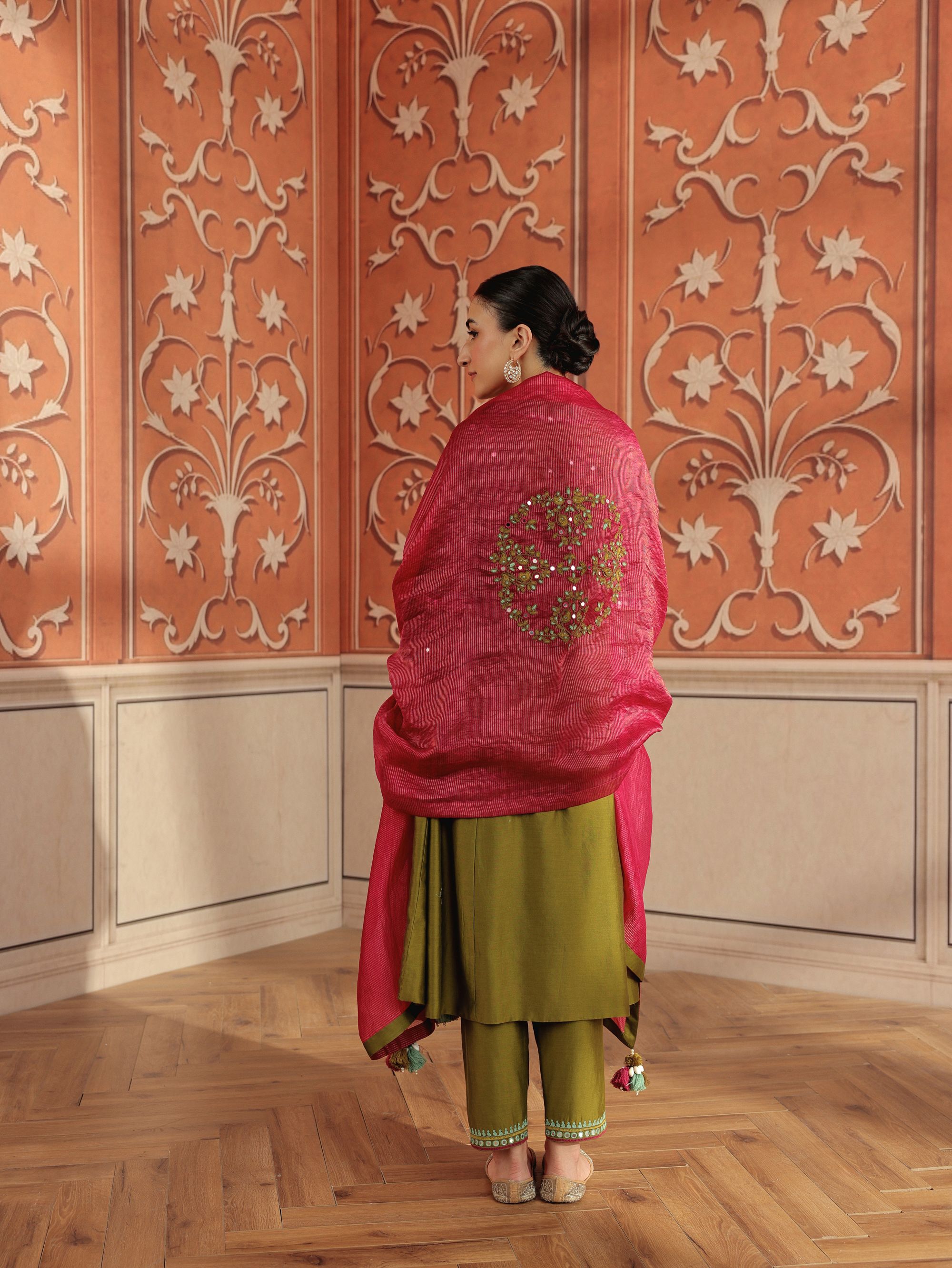 Lehar Olive Green Mirror Work Silk Chanderi Handcrafted Kurta Set