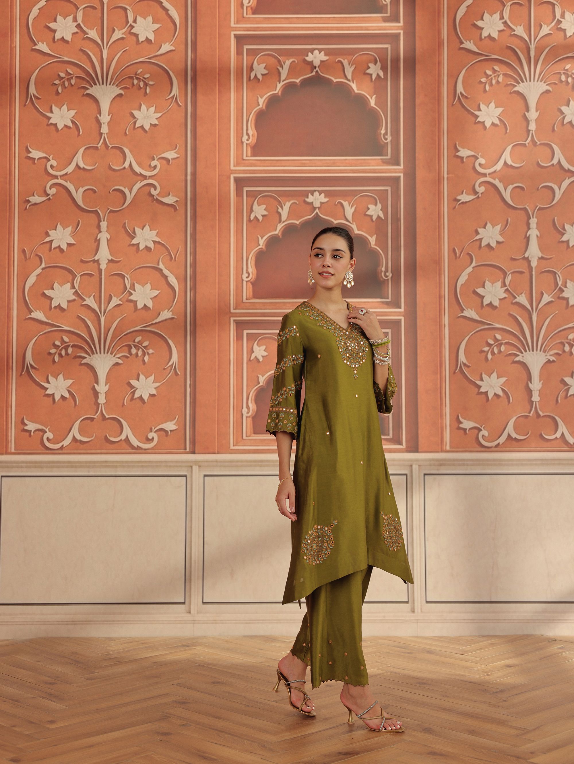 Avin Olive Green Mirror Work Silk Chanderi Handcrafted Kurta Set