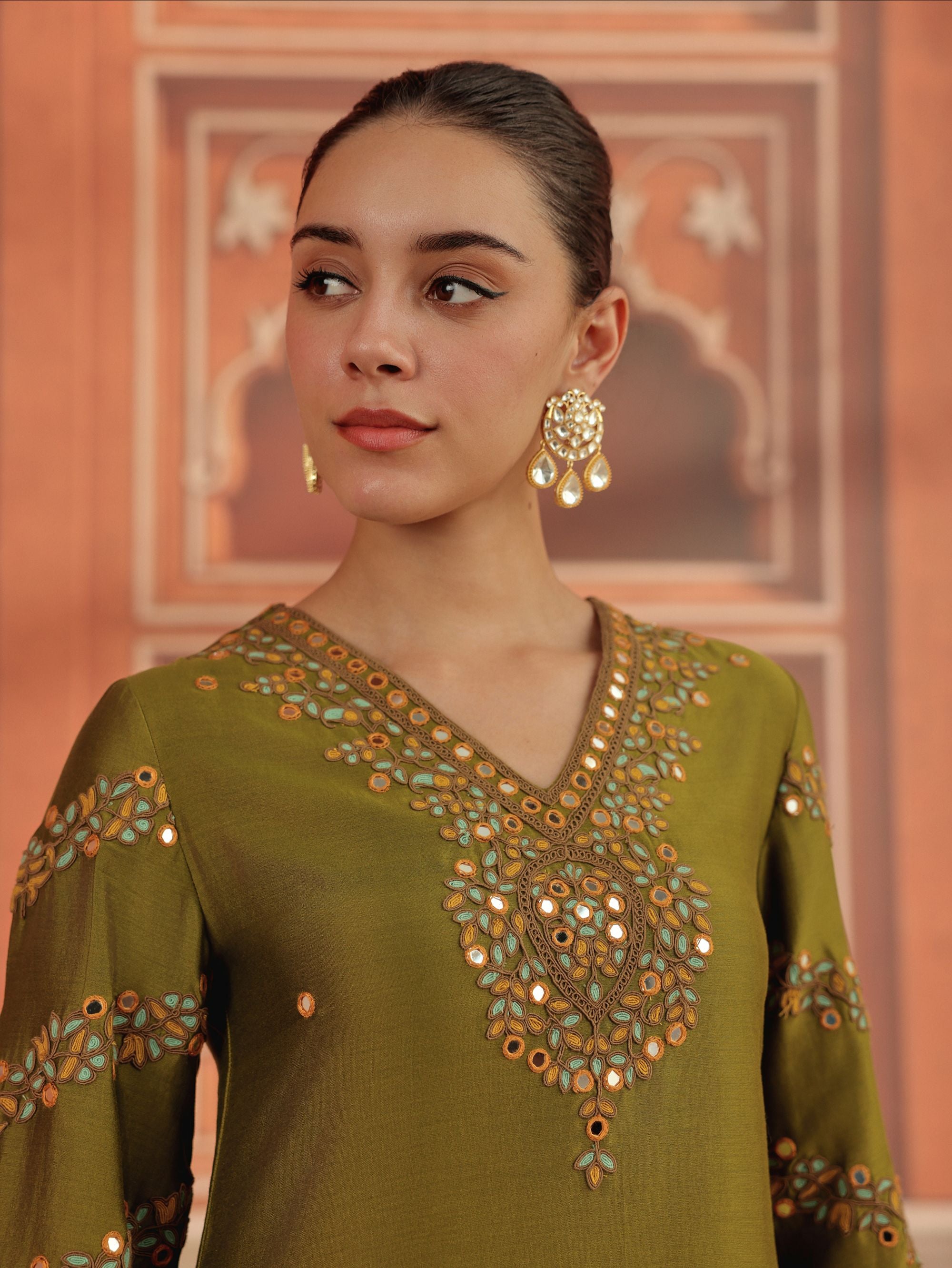 Avin Olive Green Mirror Work Silk Chanderi Handcrafted Kurta Set