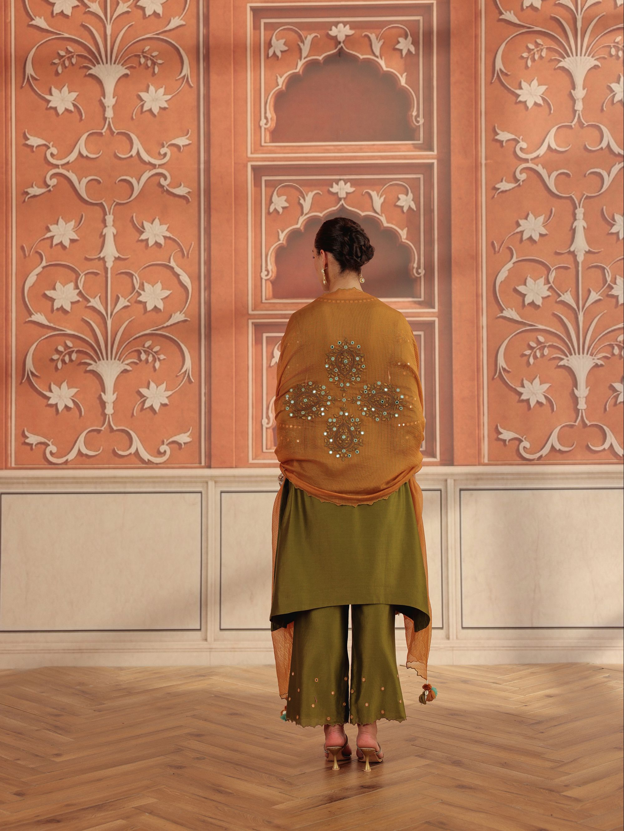 Avin Olive Green Mirror Work Silk Chanderi Handcrafted Kurta Set