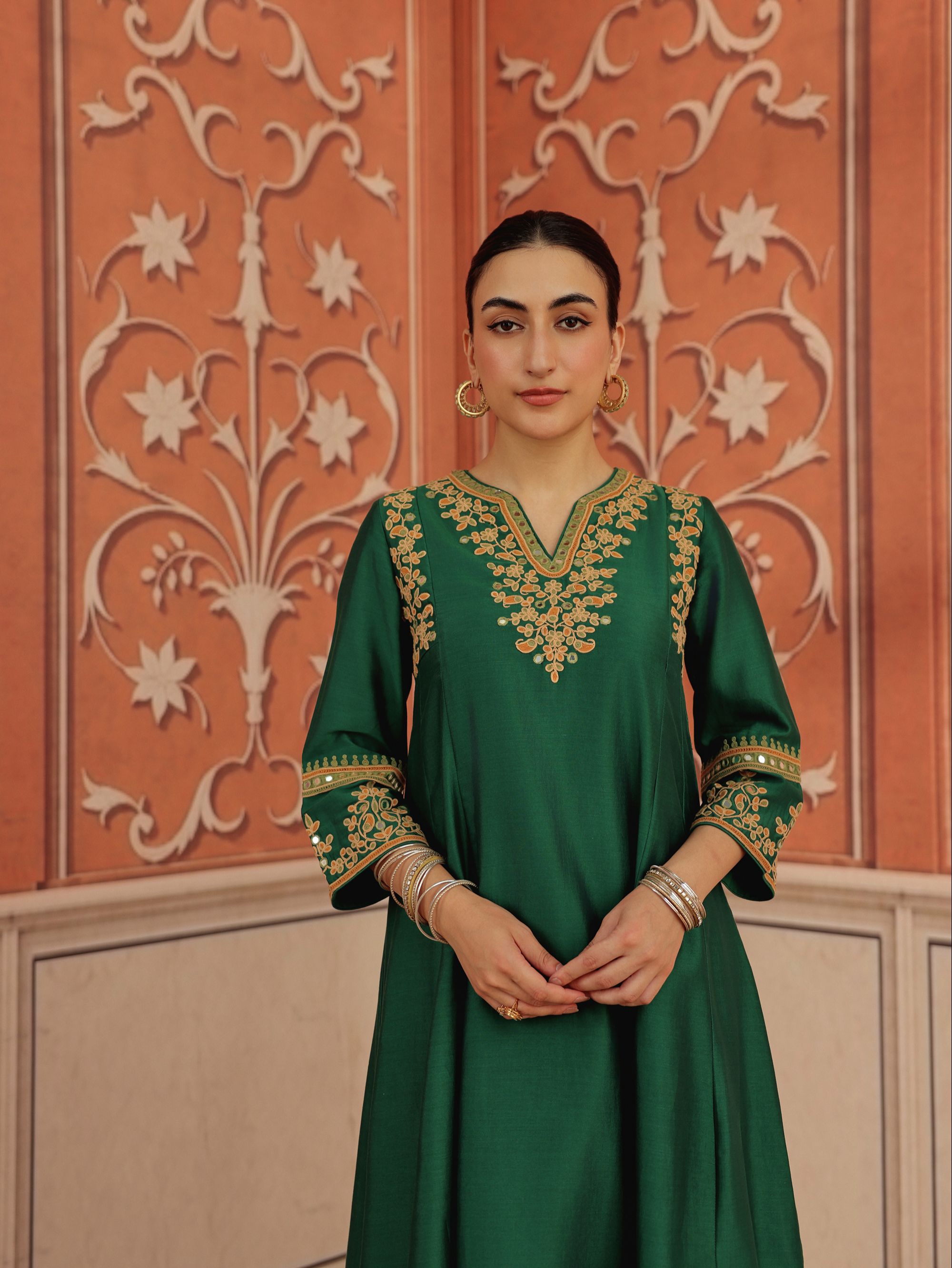 Lehar Emerald Green Mirror  Work Silk Chanderi Handcrafted Kurta  Set