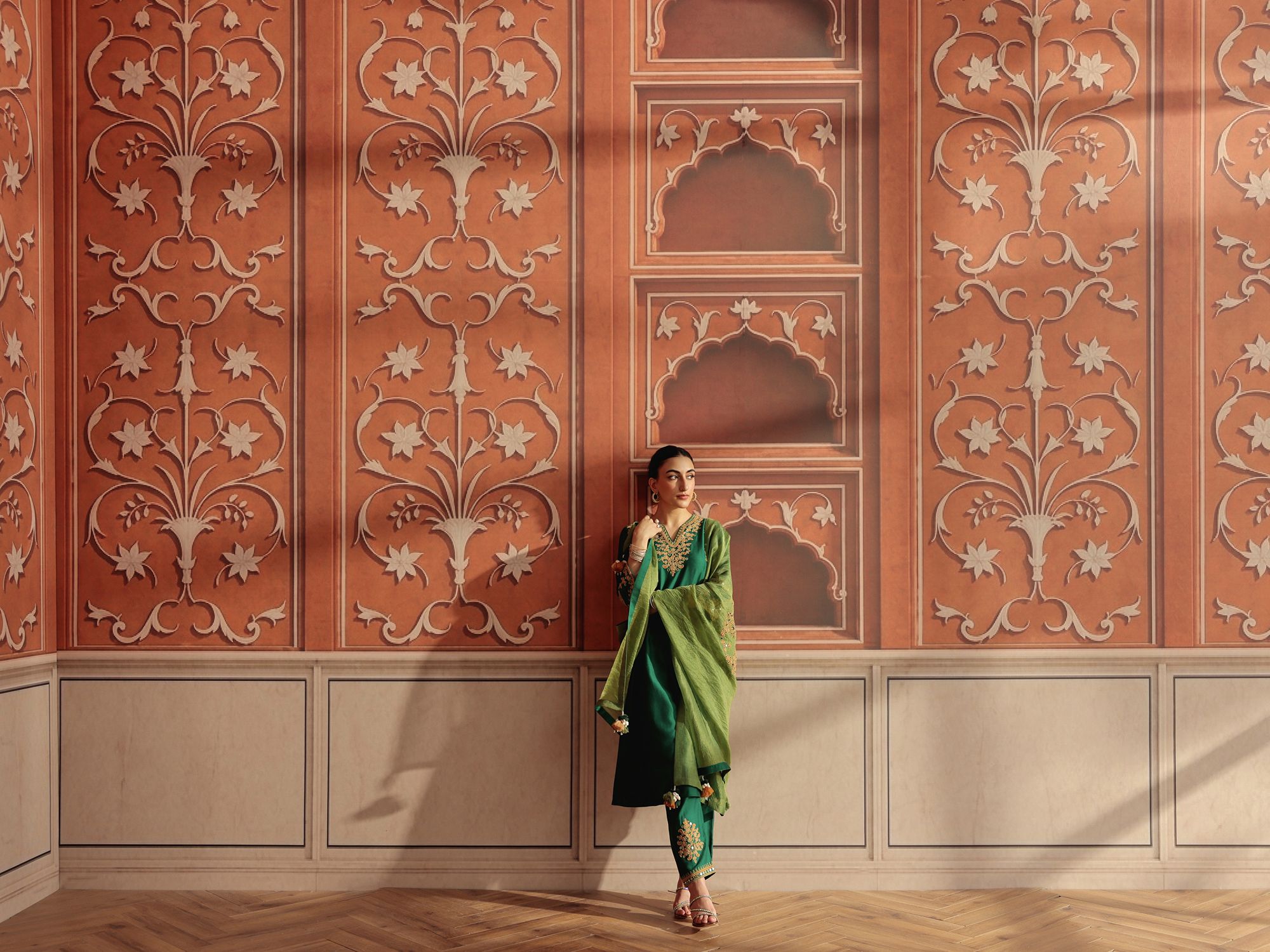 Lehar Emerald Green Mirror  Work Silk Chanderi Handcrafted Kurta  Set