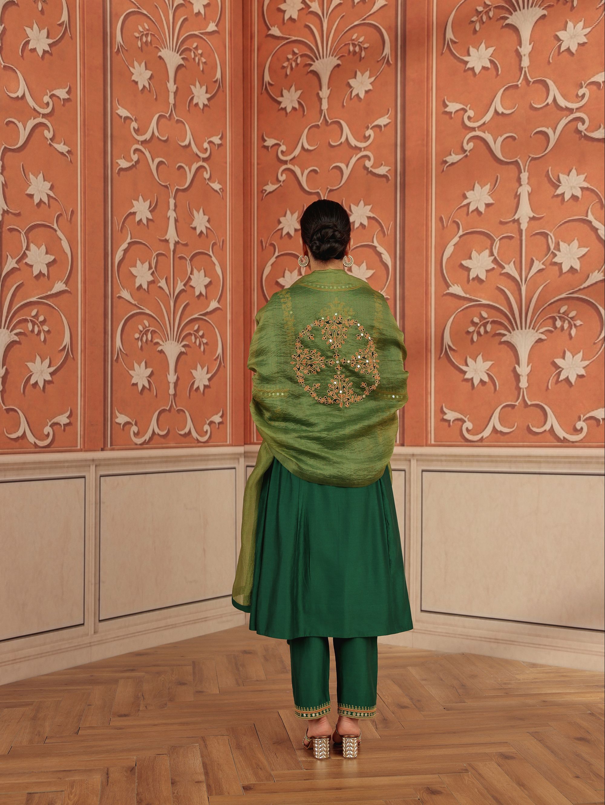Lehar Emerald Green Mirror  Work Silk Chanderi Handcrafted Kurta  Set