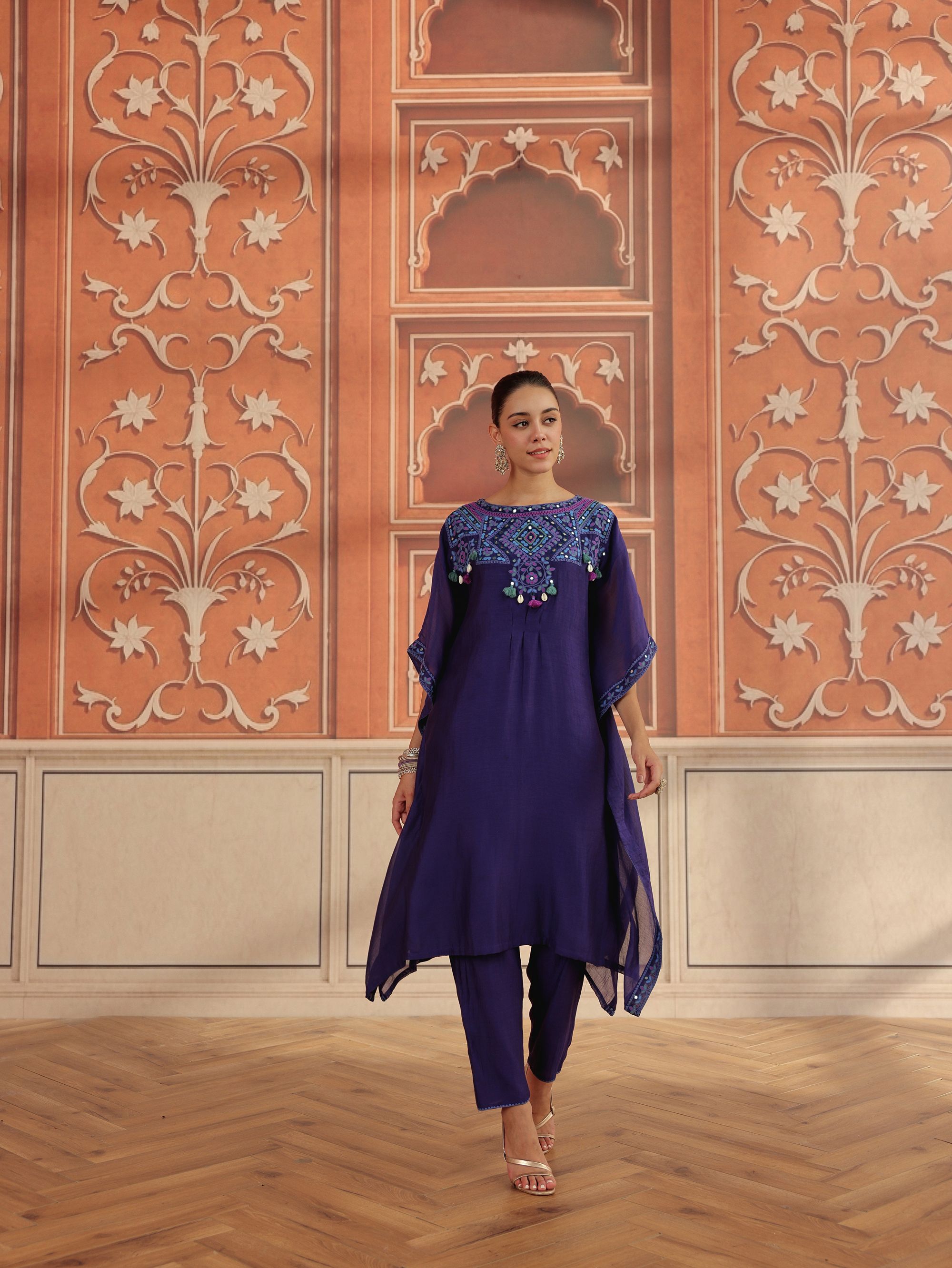 Ruvina Purple Mirror Work Mul Chanderi  Handcrafted Kaftan