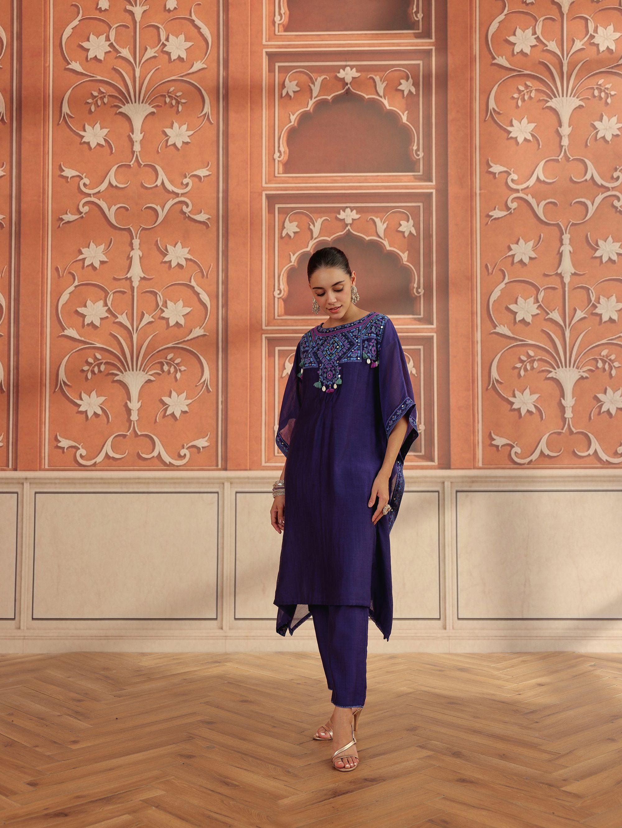 Maheen Purple Mirror Work Mul Chanderi Handcrafted Kaftan Set