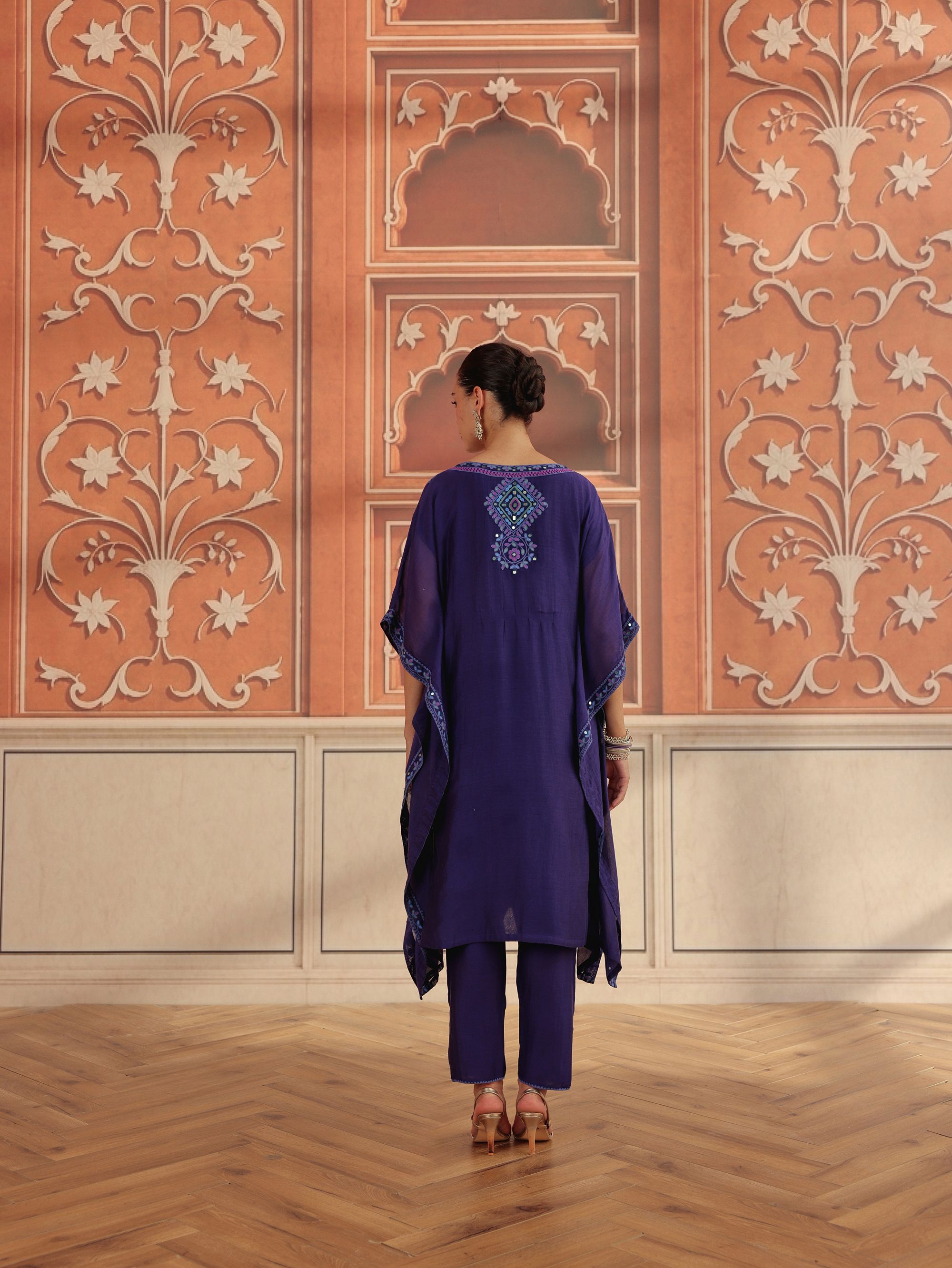 Ruvina Purple Mirror Work Mul Chanderi  Handcrafted Kaftan