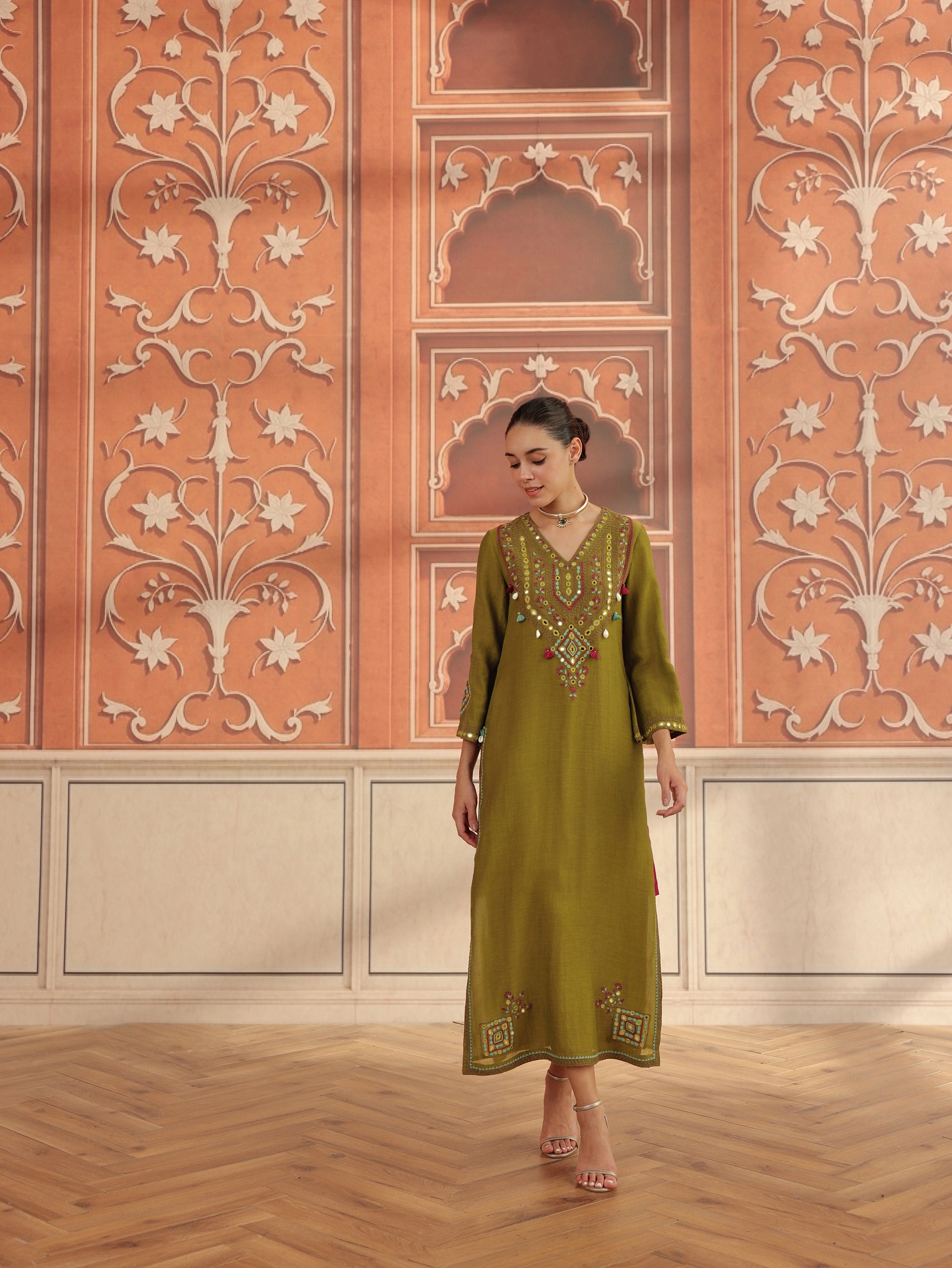 Zeva Olive Green Mirror Work Mul Chanderi Handcrafted Kaftan