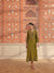 Zeva Olive Green Mirror Work Mul Chanderi Handcrafted Kaftan