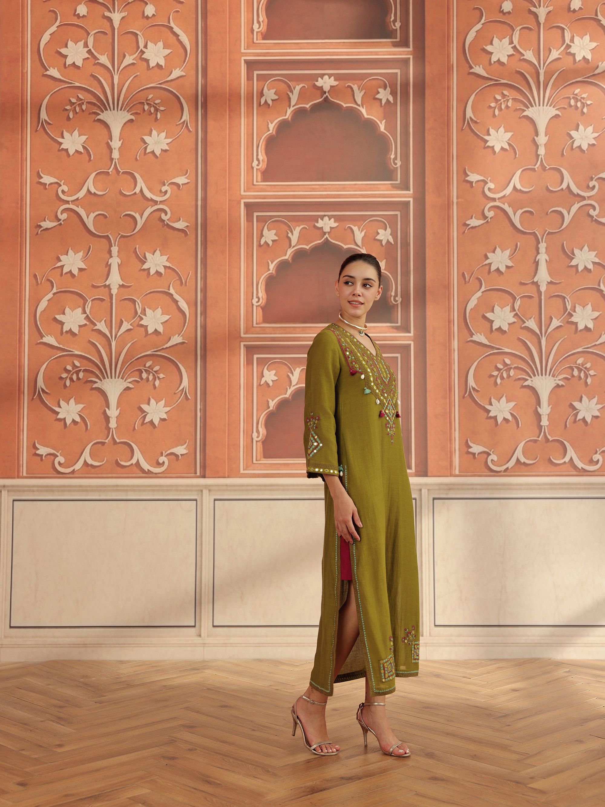 Zeva Olive Green Mirror Work Mul Chanderi Handcrafted Kaftan