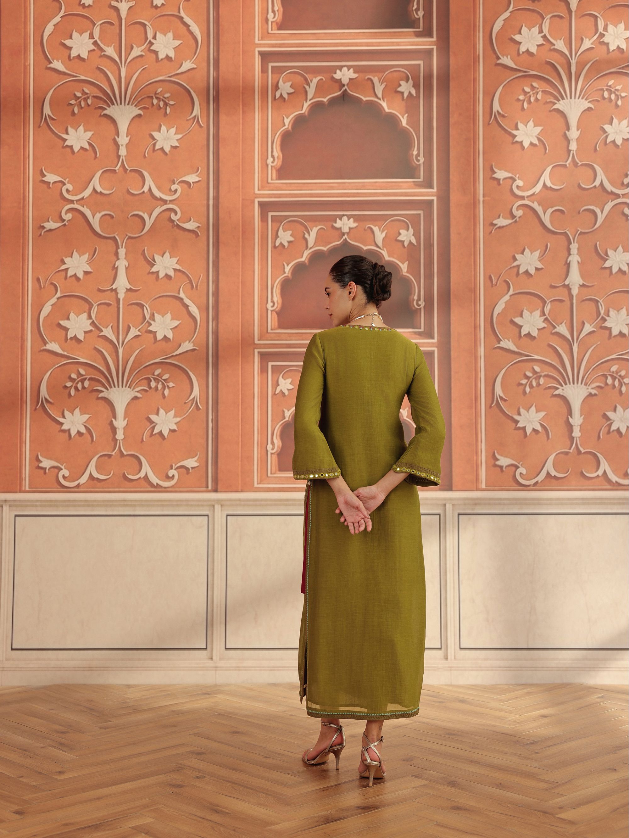 Zeva Olive Green Mirror Work Mul Chanderi Handcrafted Kaftan