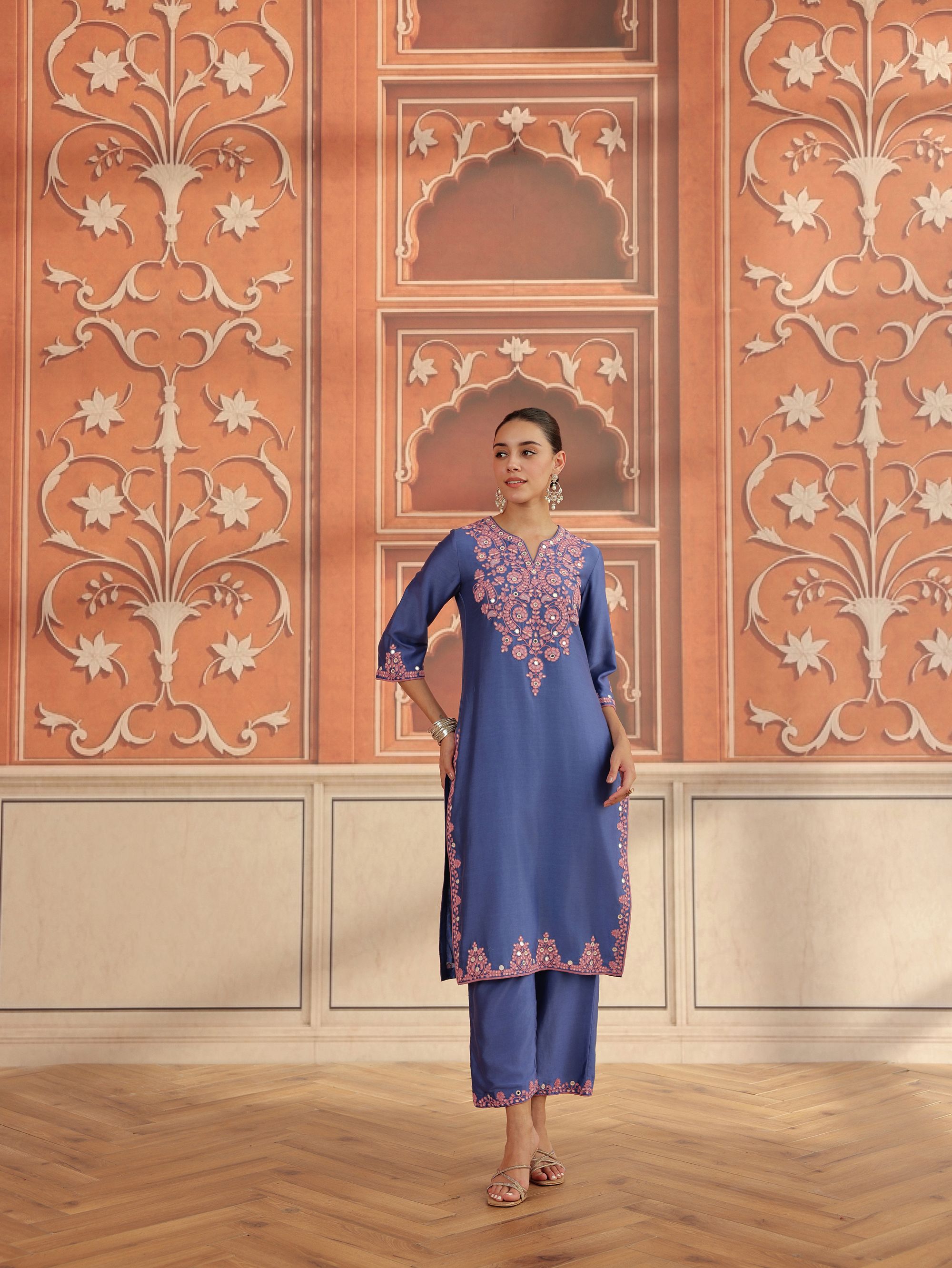 Veya Blue Mirror Work Silk Chanderi Handcrafted Kurta Set