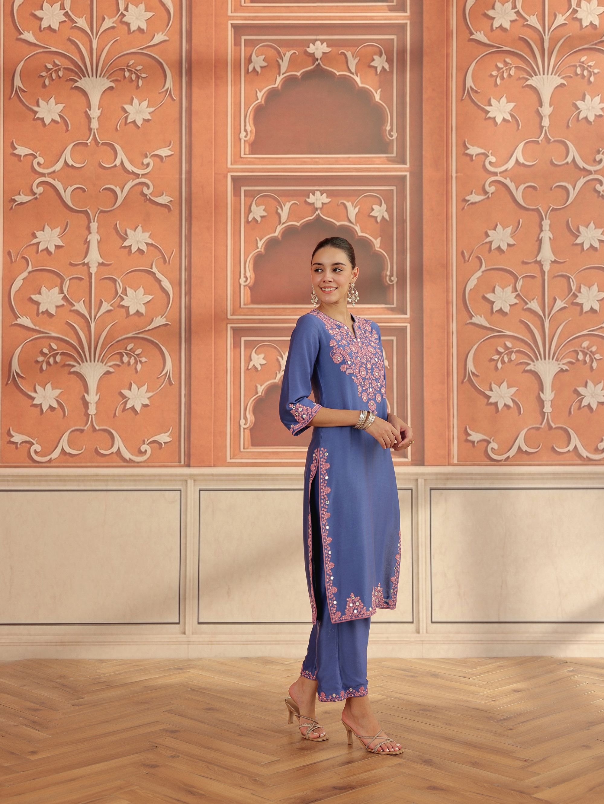 Veya Blue Mirror Work Silk Chanderi Handcrafted Kurta Set
