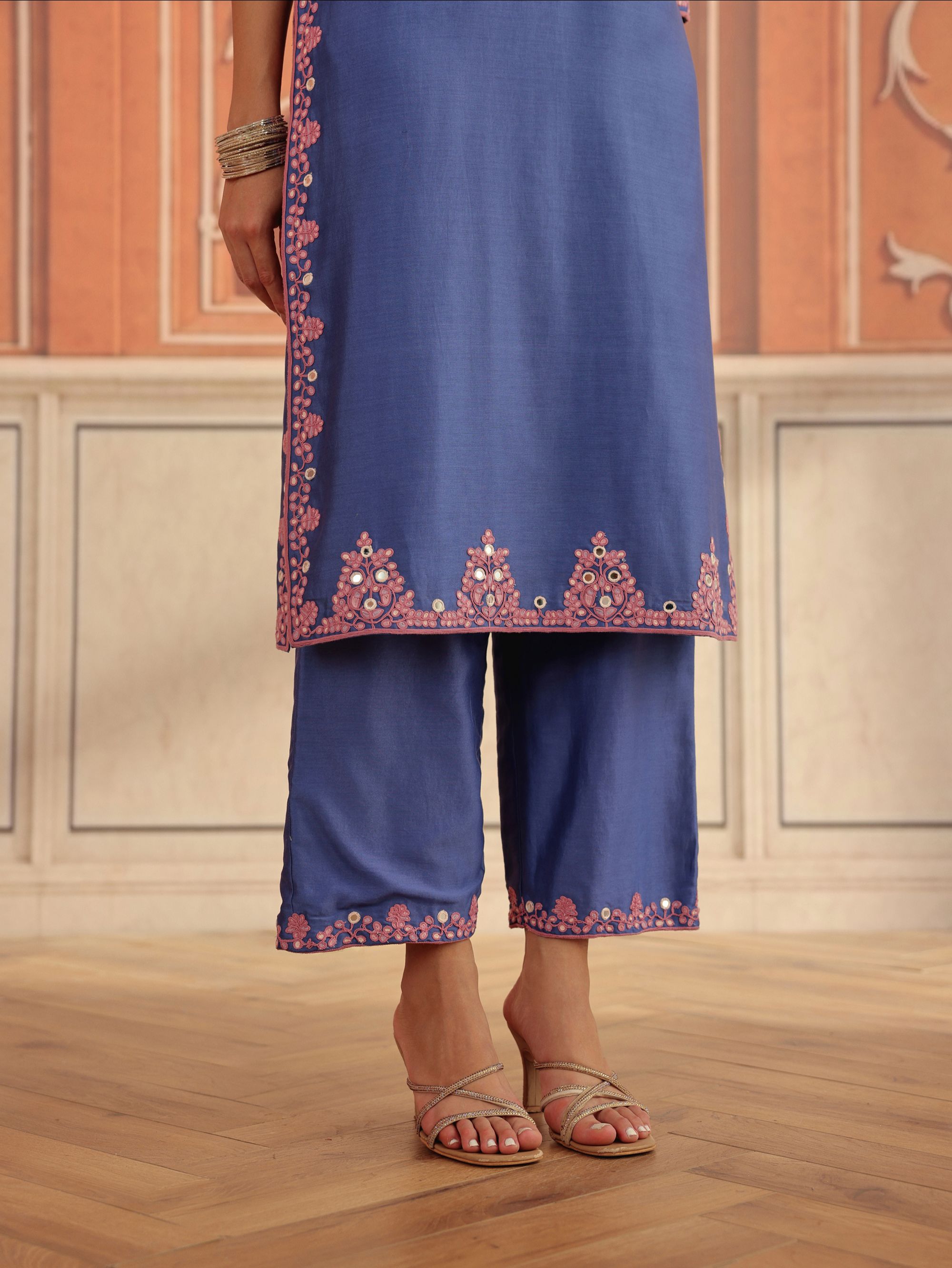 Veya Blue Mirror Work Silk Chanderi Handcrafted Kurta Set