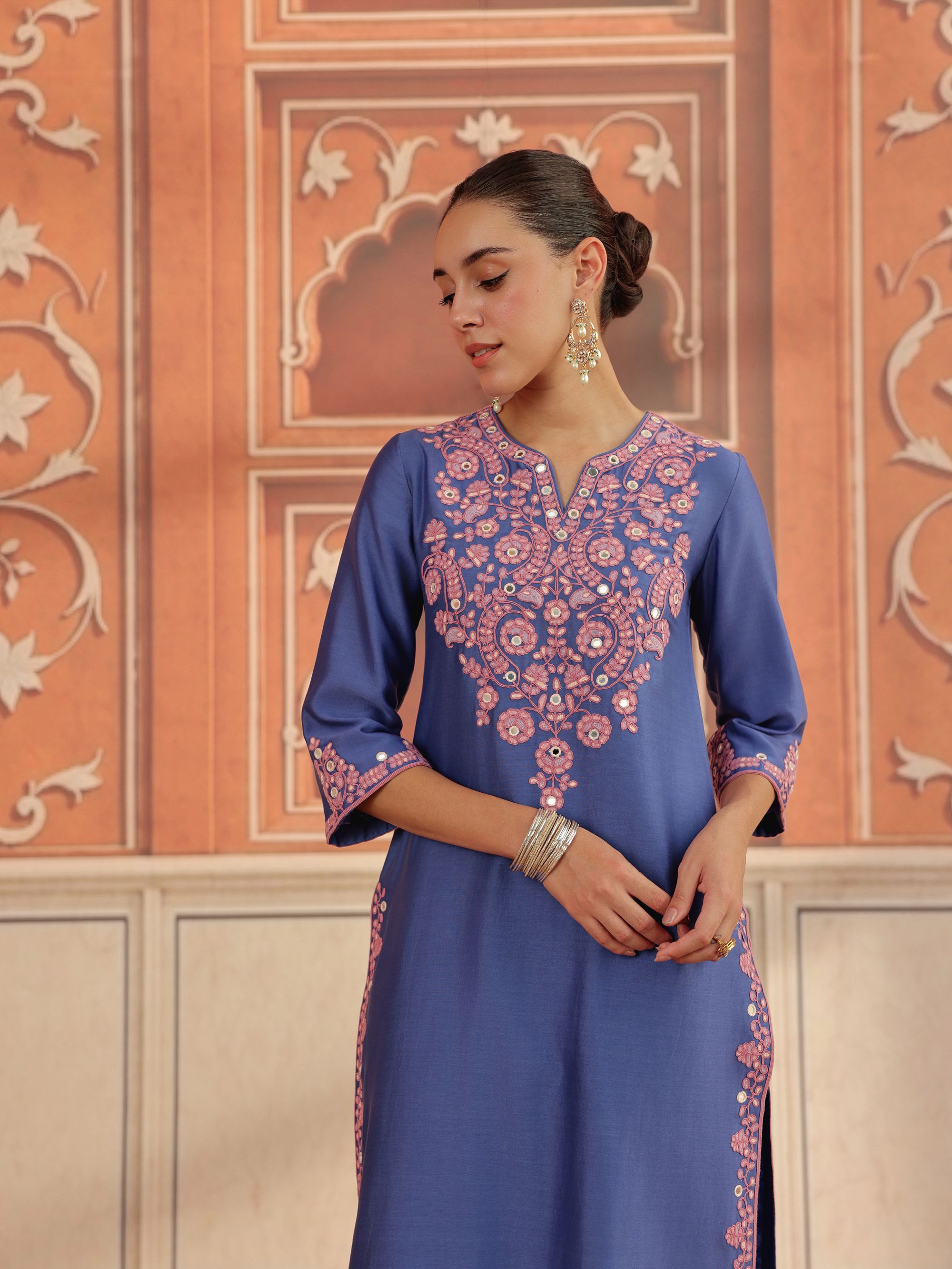Veya Blue Mirror Work Silk Chanderi Handcrafted Kurta Set