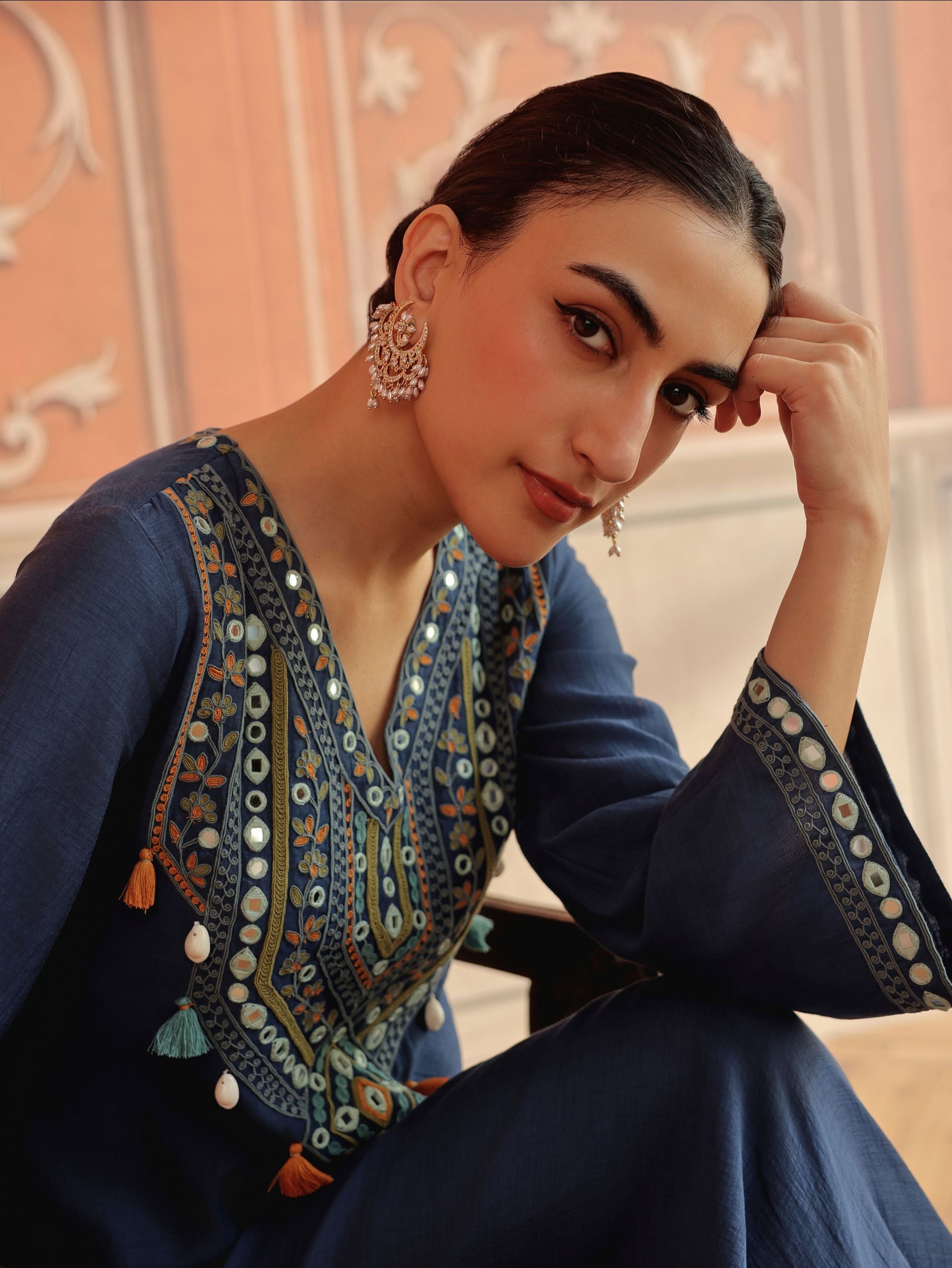 Zeva Navy Blue Mirror Work Mul Chanderi Handcrafted Kaftan