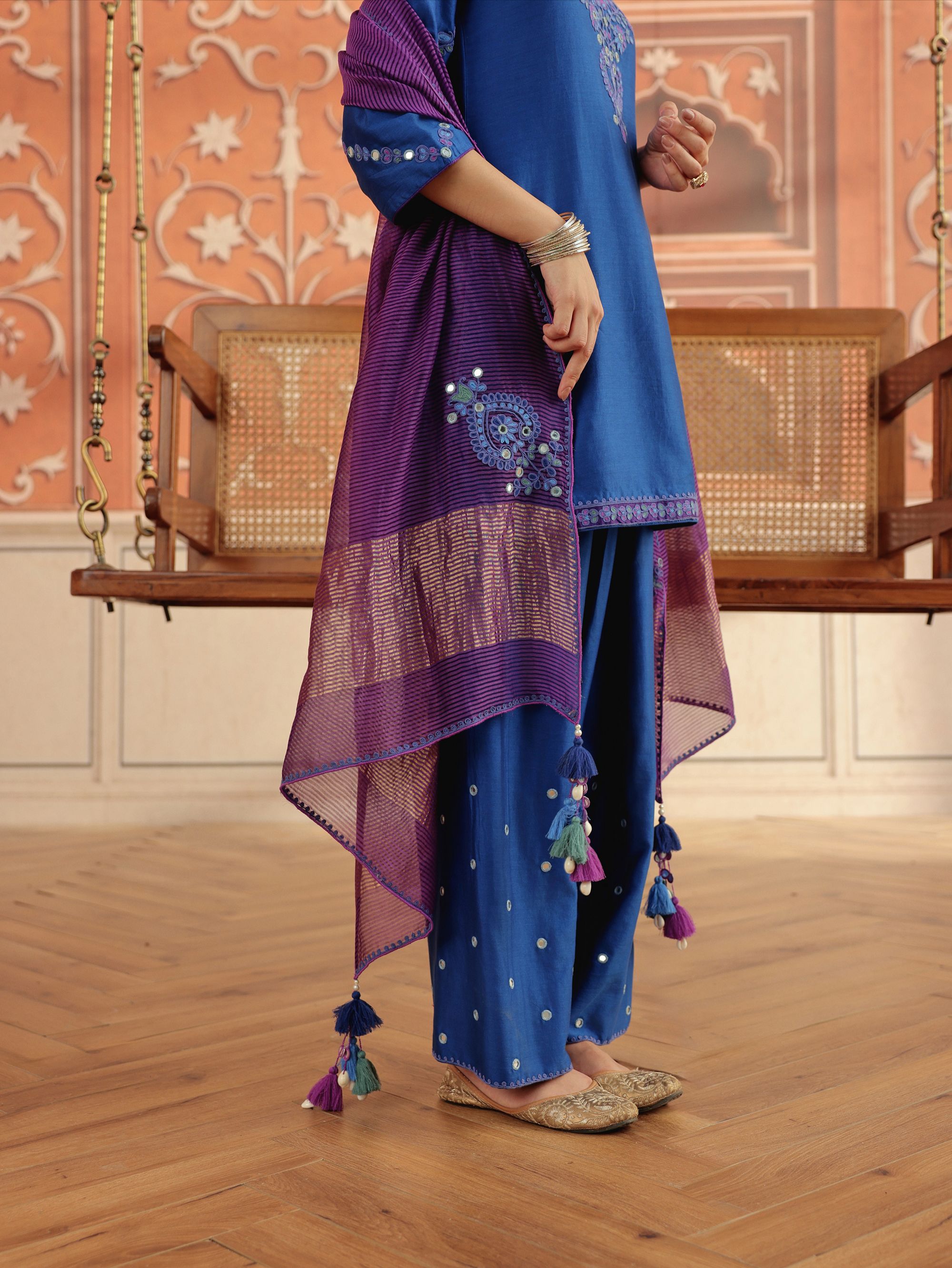 Rasa Royal Blue Mirror Work Handcrafted Silk Chanderi Short Kurta Set with Farshi Salwar
