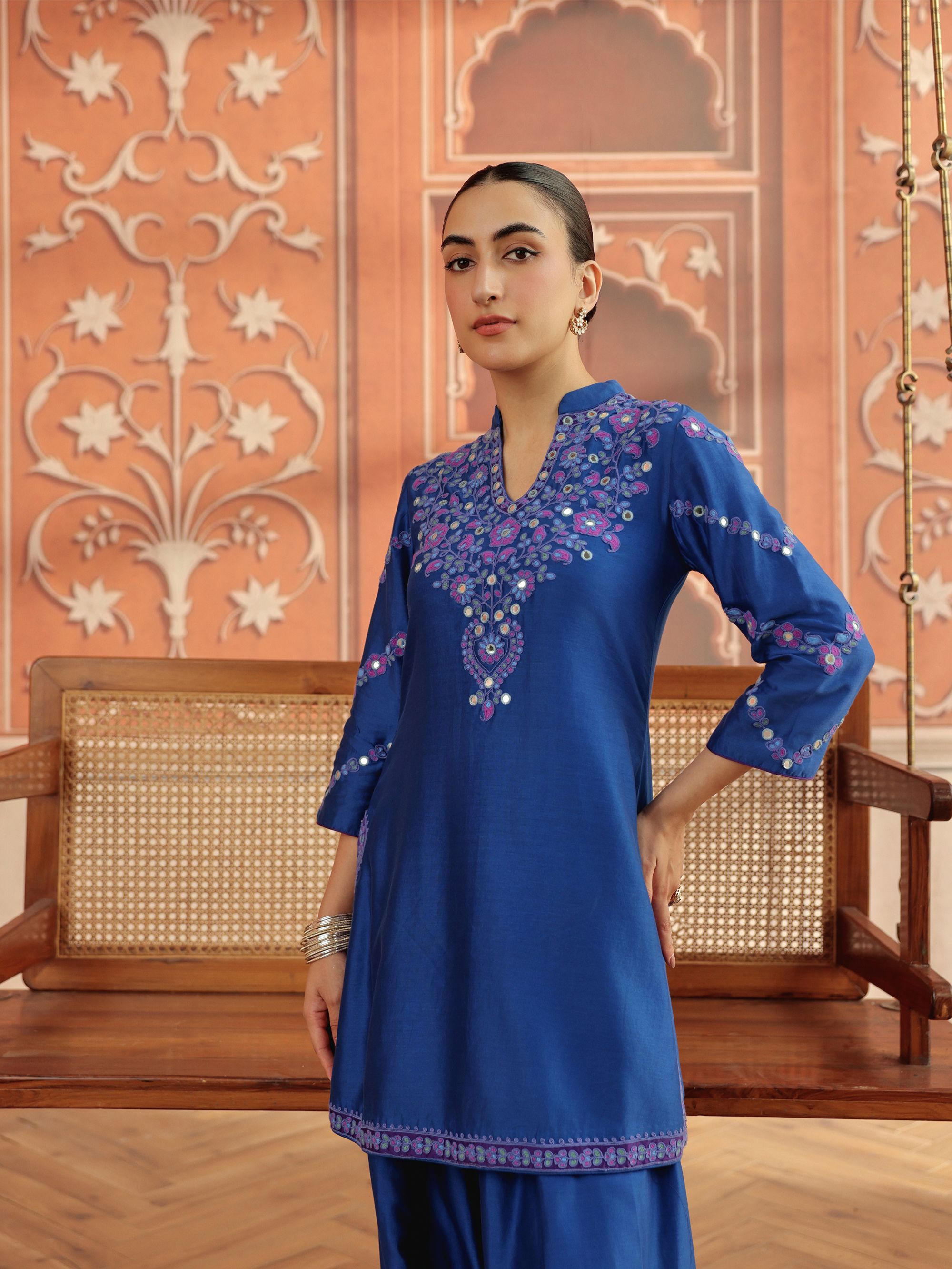 Rasa Royal Blue Mirror Work Handcrafted Silk Chanderi Short Kurta Set with Farshi Salwar