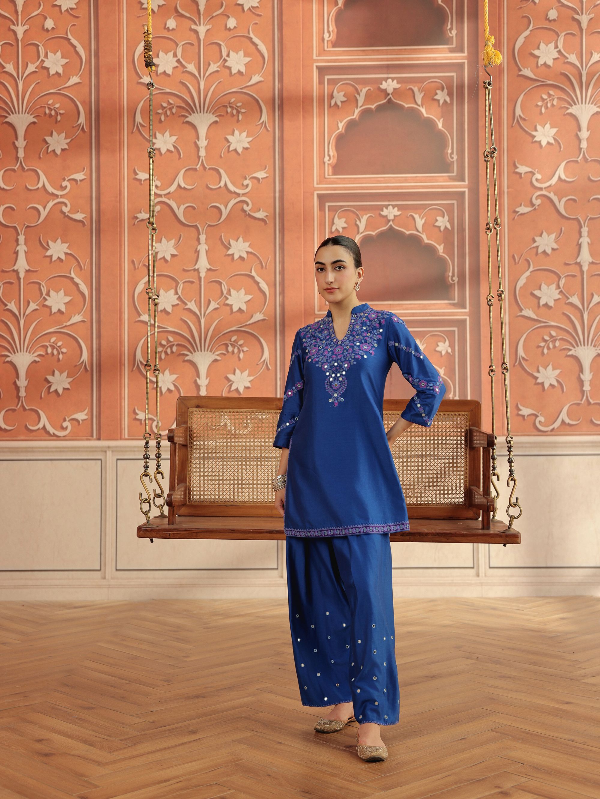 Rasa Royal Blue Mirror Work Handcrafted Silk Chanderi Short Kurta Set with Farshi Salwar
